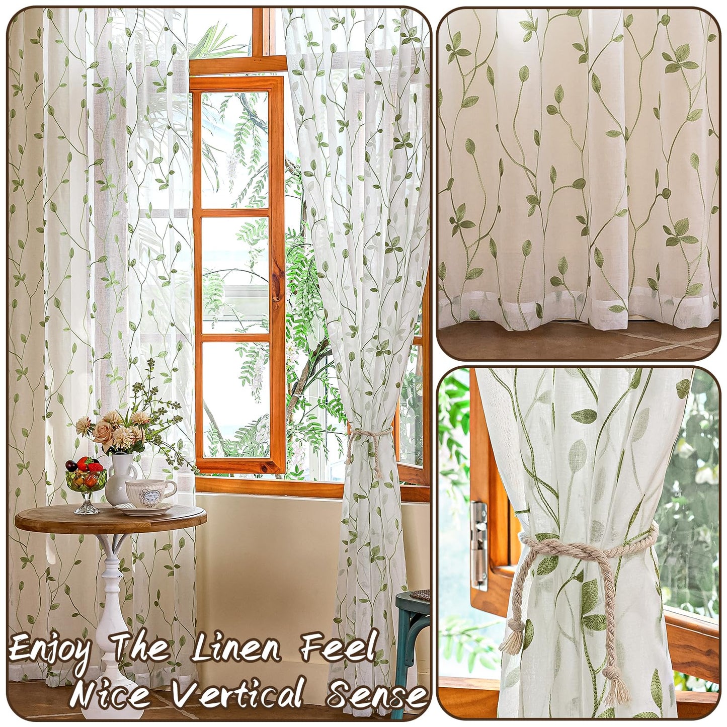 AmHoo 2 Panels Embroidered Leaf Pattern Semi Sheer Curtains Foliage Floral Voile Window Draperies Treatment for Bedroom Living Room Rod Pocket White Light Green 53 x 95 Inch