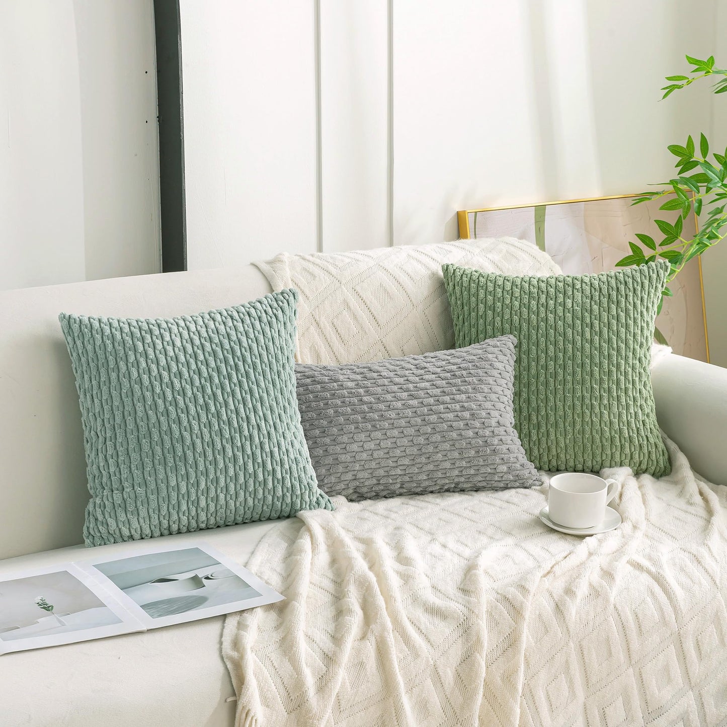 Cozoomy Set of 4 Sage Green Decorative Throw Pillow Covers 18x18 Inch Corduroy Pillow Covers for Bed Couch Sofa Living Room Soft Square Cushion Cases