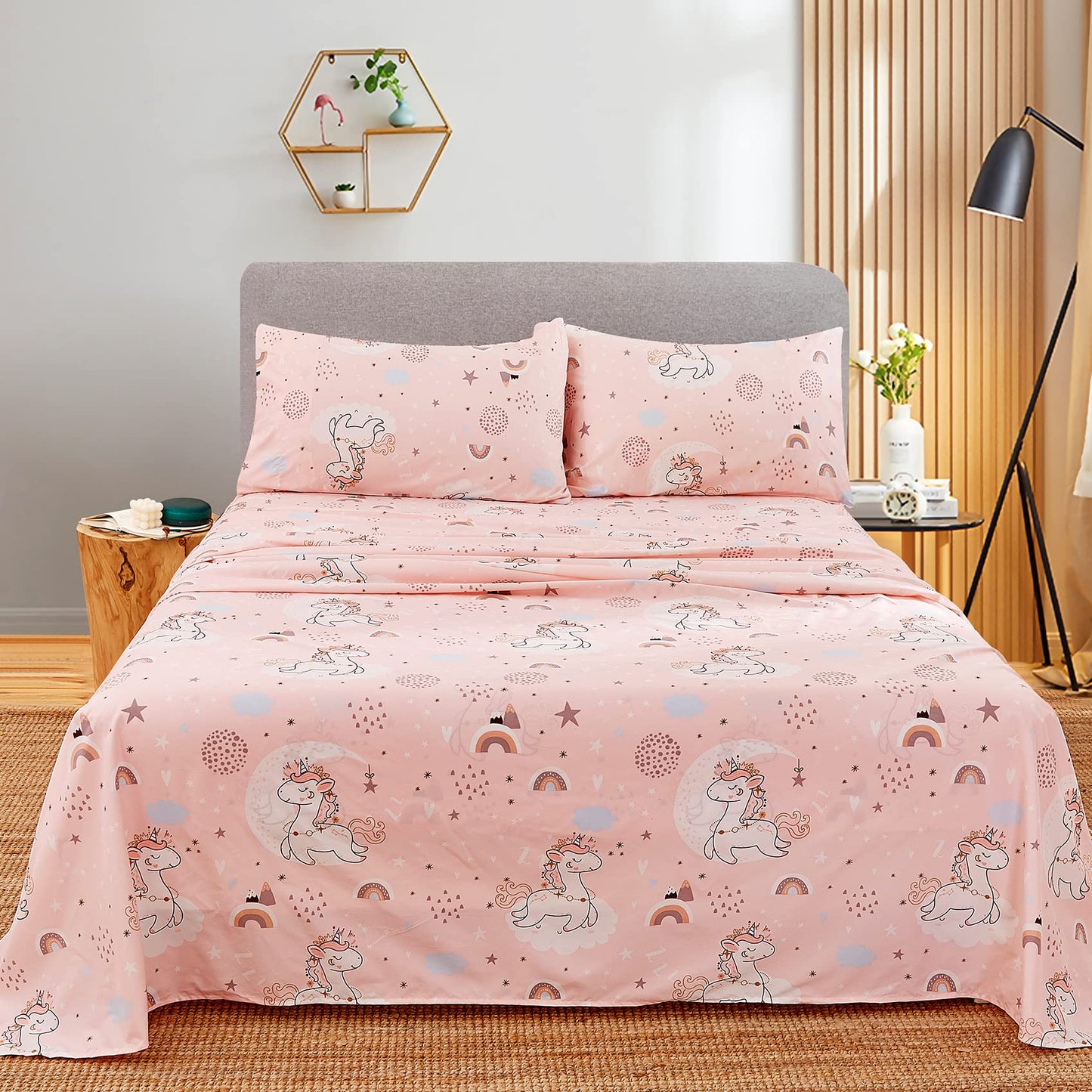 JSD Pink Unicorn Kids Sheet Set Full Size, 4 Piece Girls Rainbow Printed Microfiber Bed Sheets Deep Pocket