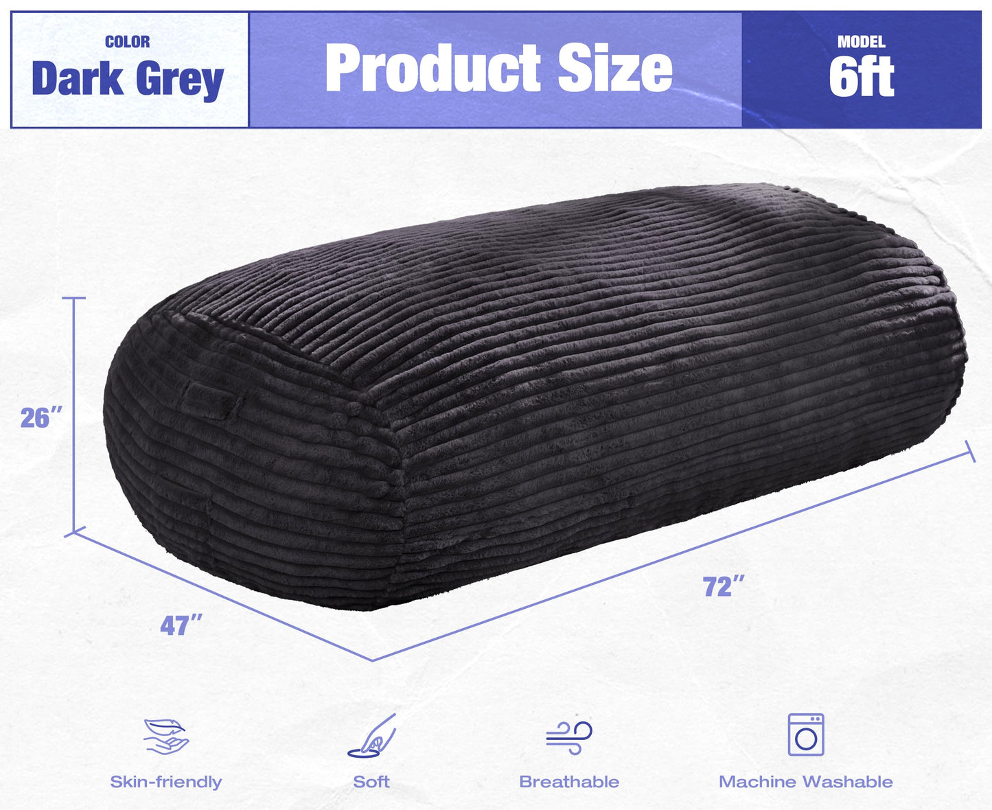 Hobestluk 6FT Bean Bag Chairs Adult Bean Bag with Portable Handle Comfy Large Bean Bag Lounge Chair with Removable Cover for Living Room Bedroom (Stripe Dark Grey, 6FT)