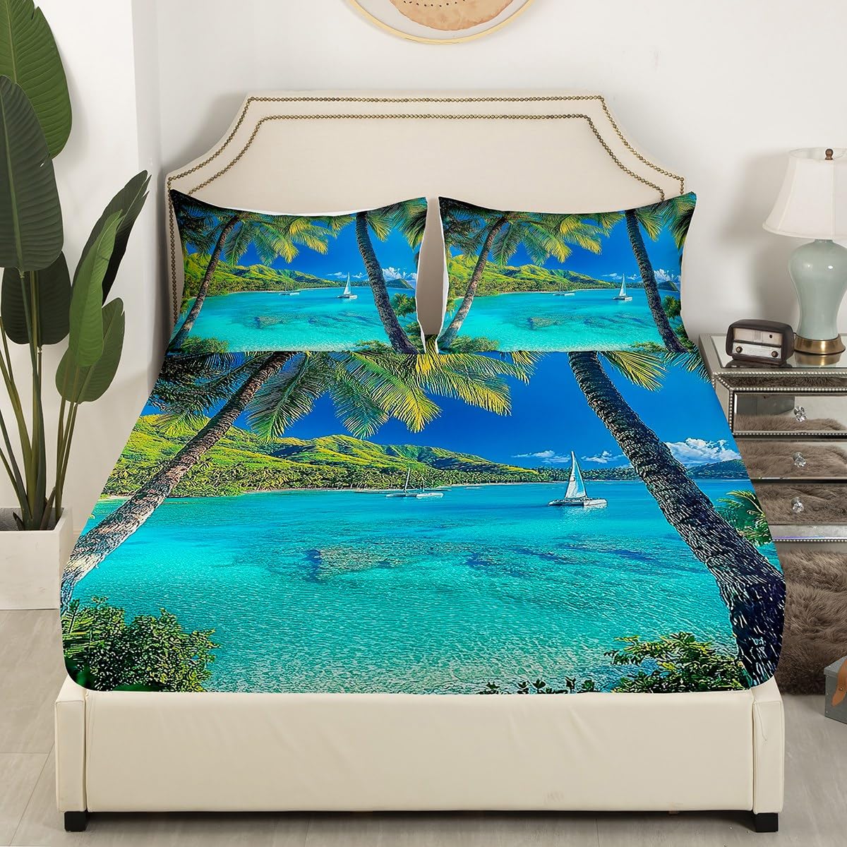 jejeloiu Beach Theme Fitted Sheet Full Size Kids Palm Leaf Bed Sheets Set for Boys Girls Teens Sailboat Summer Sea Ocean Wave Natural Scenery Bedding Set Room Decor
