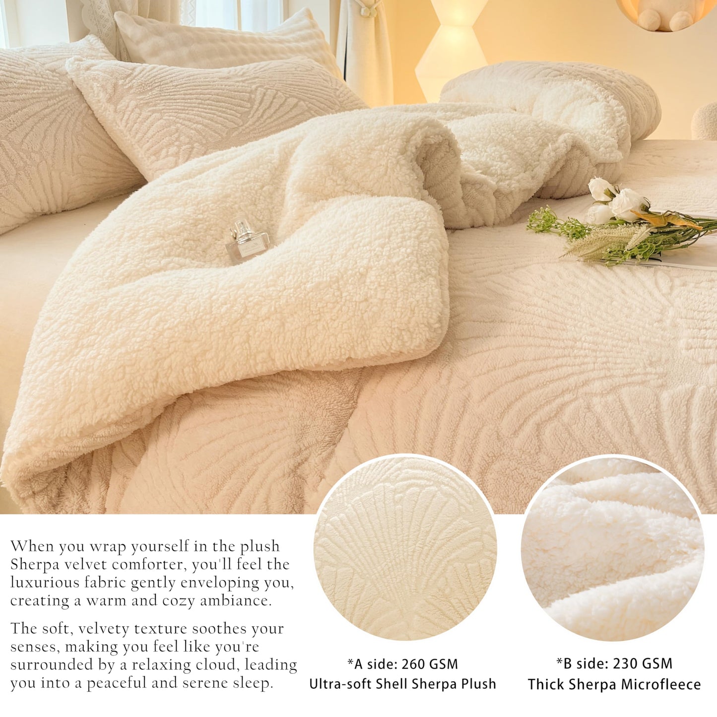tohrisa Seashell Jacquard Sherpa Comforter Set Warm Cozy Premium Bedding 3 Pieces, King Size Geometric Pattern Quilt Comforter with 2 Pillowcases(104"X90" Ivory White)
