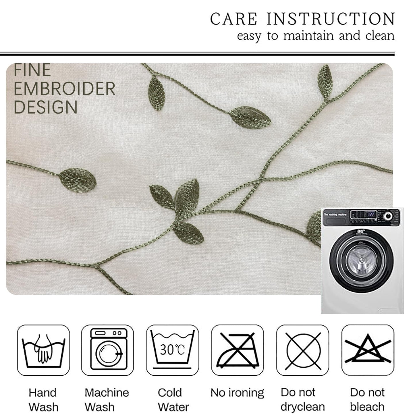 AmHoo 2 Panels Embroidered Leaf Pattern Semi Sheer Curtains Foliage Floral Voile Window Draperies Treatment for Bedroom Living Room Rod Pocket White Sage Green 53 x 95 Inch