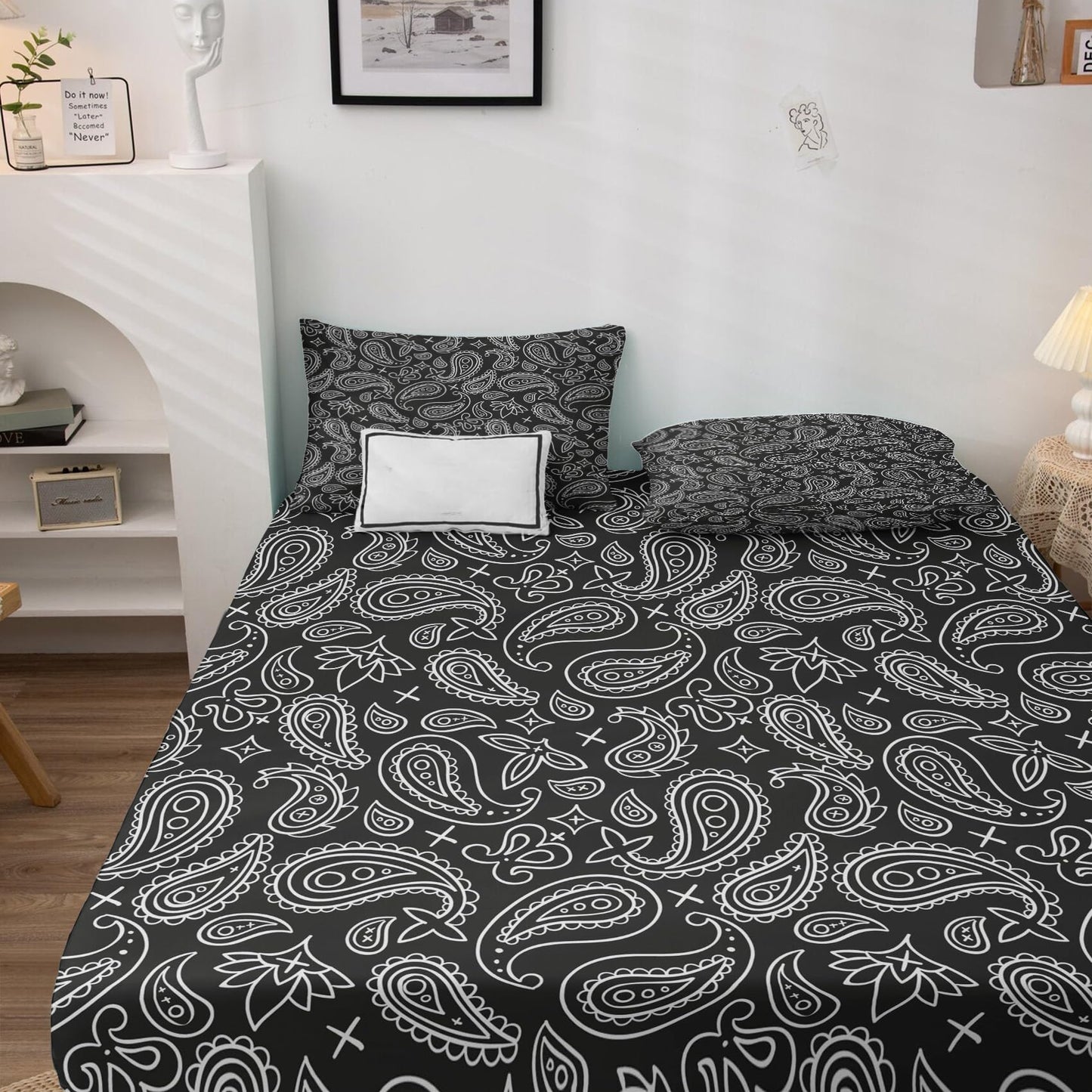 NOGAWA Black Paisley Sheets Full, Boho Bohemian Bed Sheets, Bandana Bedding Sheets, Soft Microfiber Deep Pocket Fitted Sheet & Flat Sheet & 2 Pillowcases
