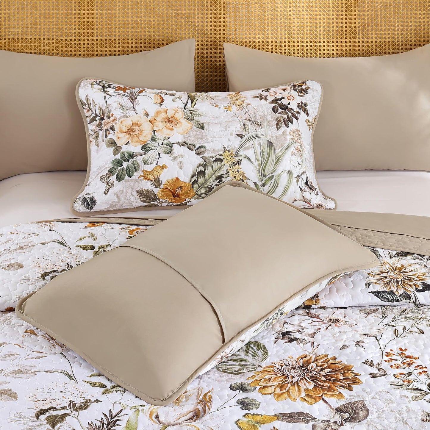 Anibedding Floral Quilt Set Queen Size,Brown Bontanical Quilt Queen Size,Garden Style Bedspread with Soft Lightweight Reversible Coverlet Set for All Season(96"x90")