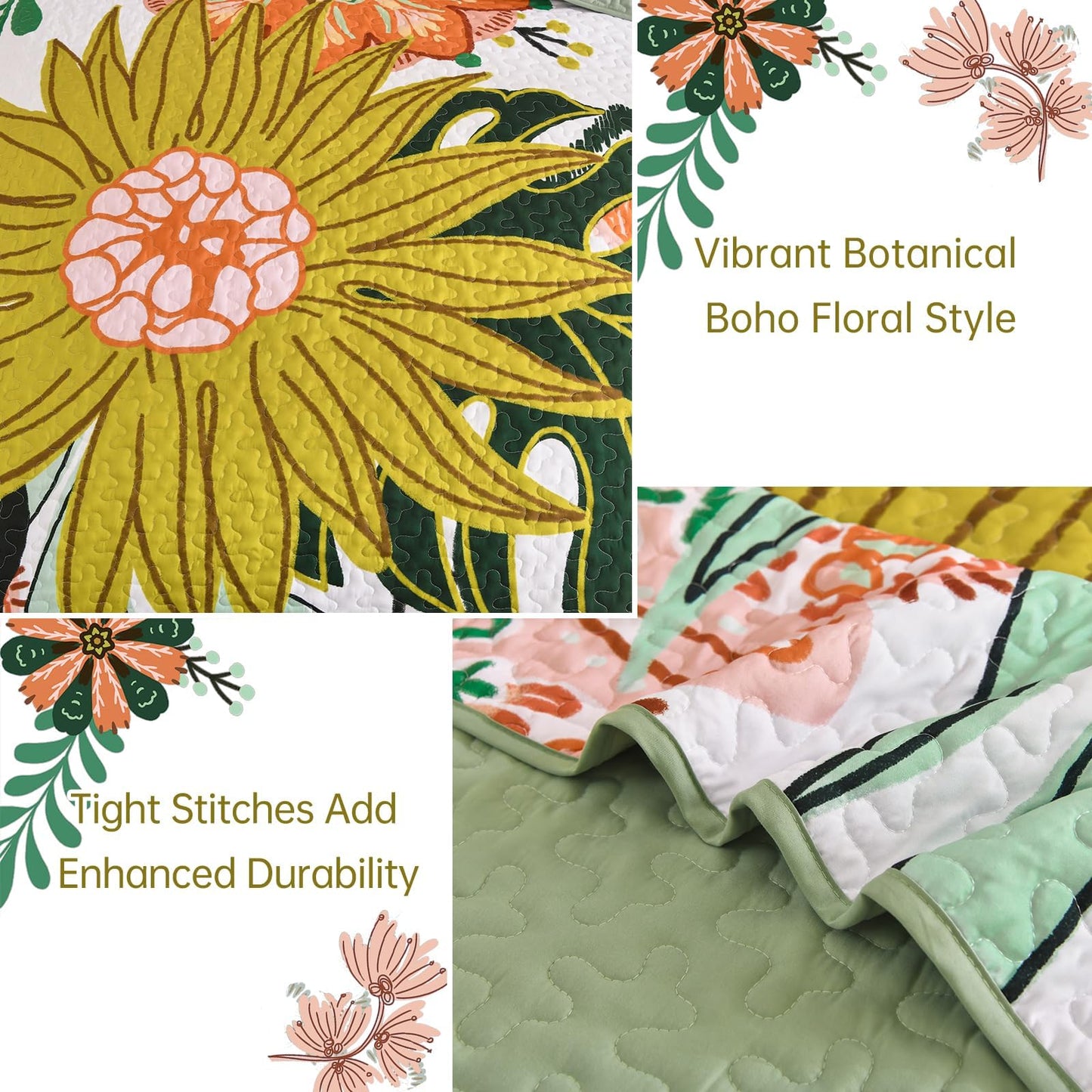 DJY Boho Floral Quilt Set Queen Size 3 Piece Green Bedspread, Botanical Farmhouse Quilt Bedding Set Reversible Soft Microfiber Bohemian Coverlet for All Season, 90''x96''