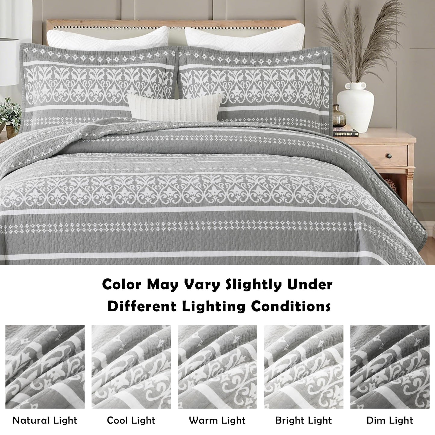 BCOTTOND Queen Quilt Set 100% Cotton Boho Queen Quilt,Grey Bohemian Striped Pattern Bedspread Queen Lightweight Quilt Bedding Set Comforet Set All Season 3 Piece