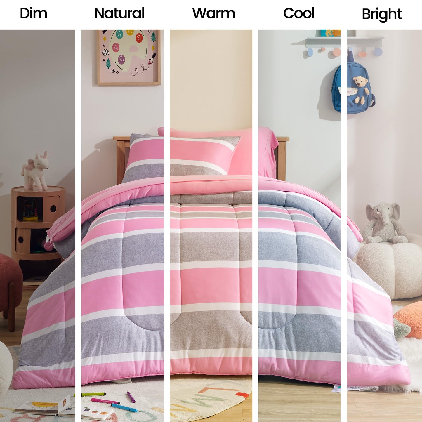 SLEEP ZONE Kids Comforter Set Full/Queen Size, Jersey Knit 7 Pieces Bedding, Super Soft and Breathable Comforter with Sheets, Pillowcases (Pink Grey Stripe)
