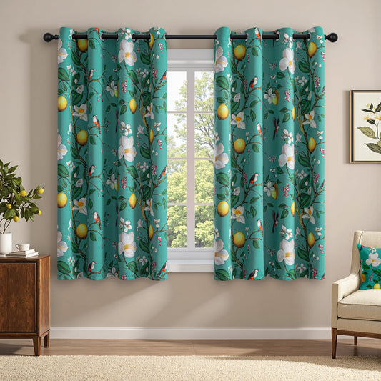 MYSKY HOME Floral Blackout Curtains 63 inch Length 2 Panels Set with Bird Lemon Patterned for Bedroom Room Darkening Noise Reducing Vintage Curtains & Drapes Grommet for Home, 52", Deep Green