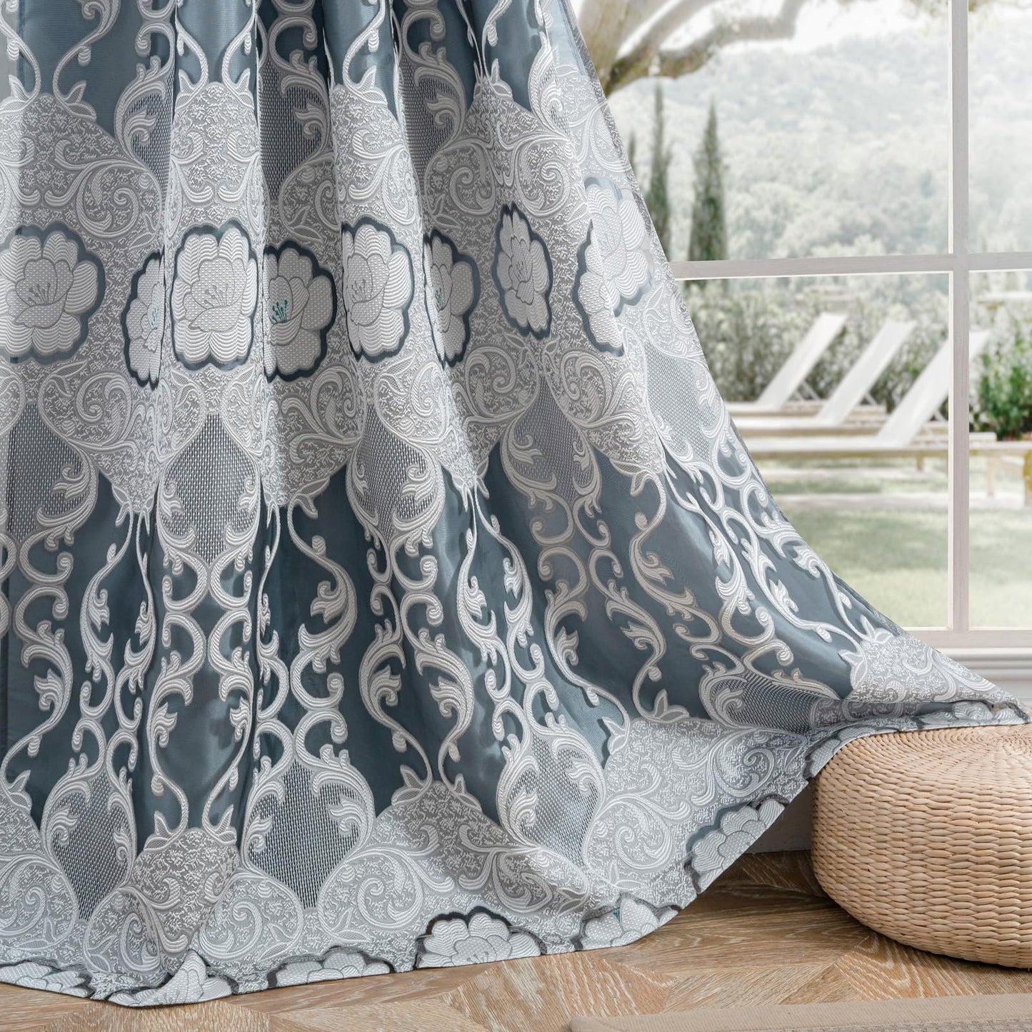 Petrichor Gray Sheer Jacquard Voile Curtains （54" W x 63" L）, 2 Panels with Attached Valance, Double Layer Floral Cutwork Design with Luxurious Texture, Rod Pocket, for Bedroom & Living Room