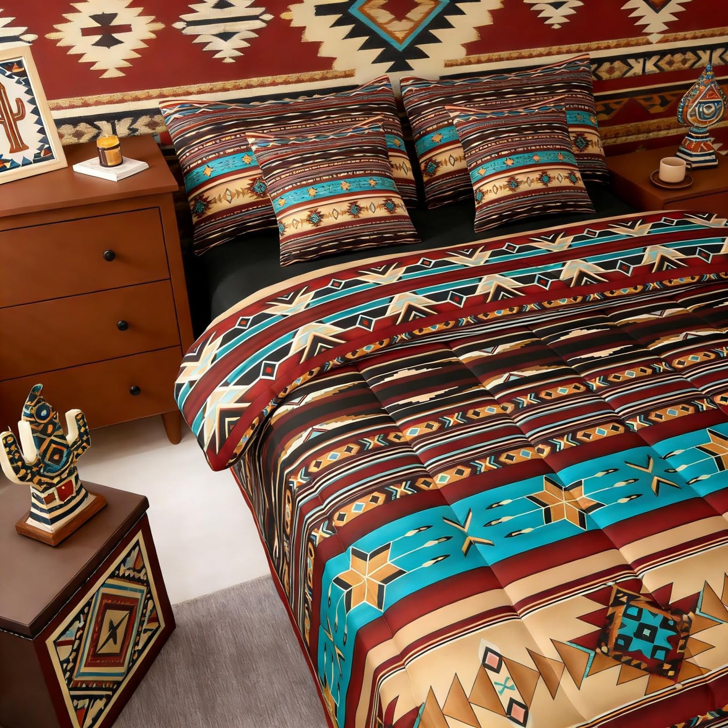 Bohemian Aztec Queen Comforter Set with Sheets Western 7 Piece Bedding Set Retro Southwestern Bed in a Bag, Arrow Western Star Geometric Sriped Bed Sets African Nordic Style Boho Decor,Warm Taupe