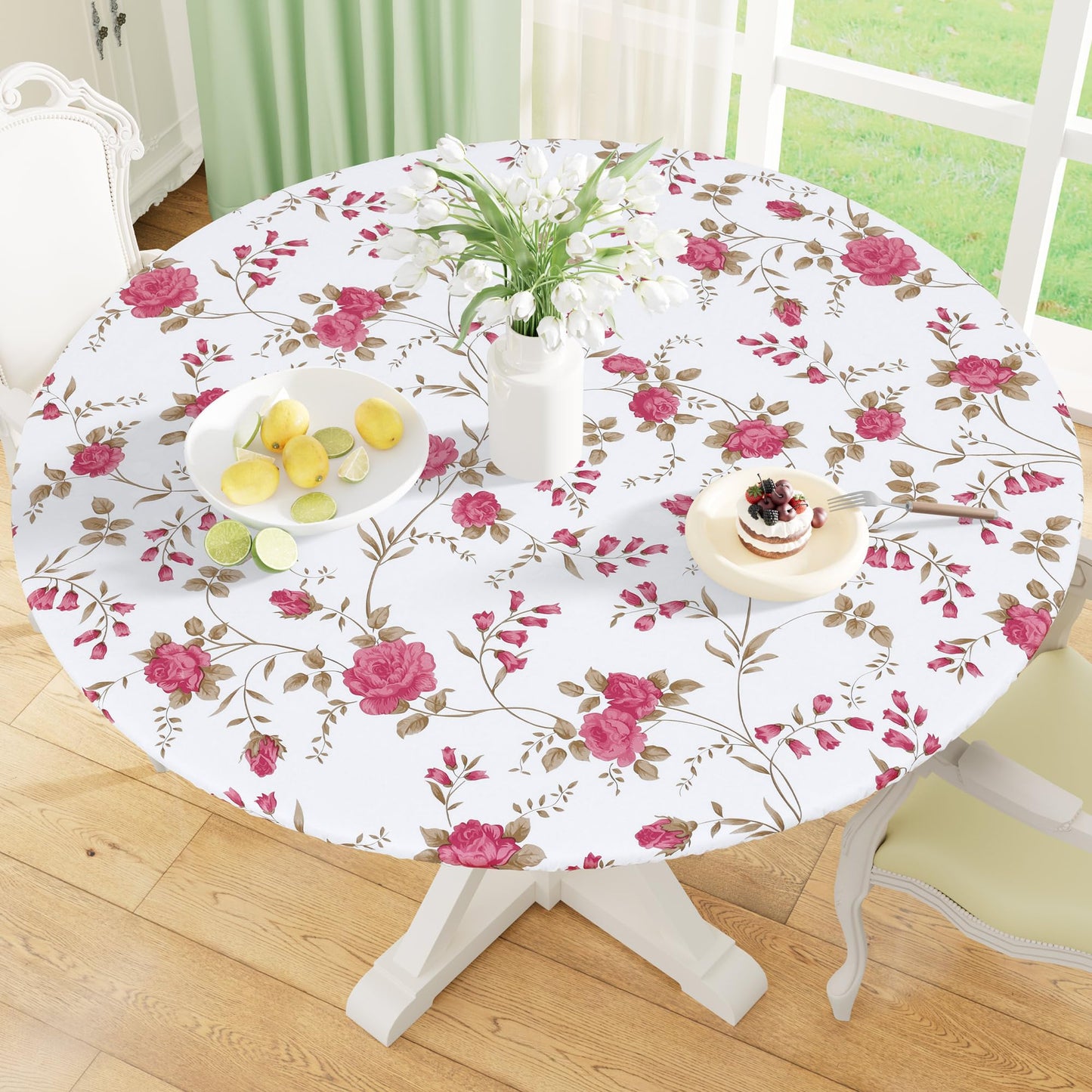 misaya Round Fitted Tablecloth with Elastic Edge, 100% Waterproof Oil Proof Plastic Table Cover, Vinyl Flannel Backed Tablecloth Fits 36"-44" Round Tables for Dinner, Outdoor, Picnic, Pink Flowers
