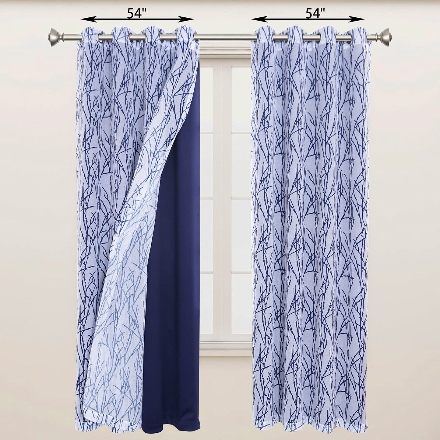 BONZER Mix and Match Curtains - 2 Pieces Branch Print Sheer Curtains and 2 Pieces Blackout Curtains for Bedroom Living Room Grommet Window Drapes, 54x108 Inch/Panel, Indigo, Set of 4 Panels