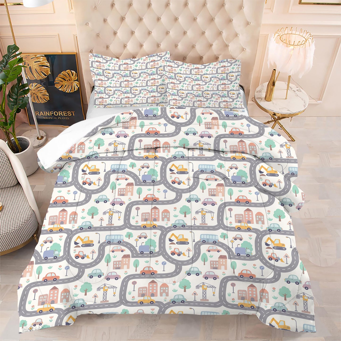 VTKON Construction Truck Comforter Set for Kids Full 3Pcs with 1 Comforter and 2 Pillowcases Cute Traffic Car Bedding Boys Vehicle Themed Bed Set Microfiber for All Season