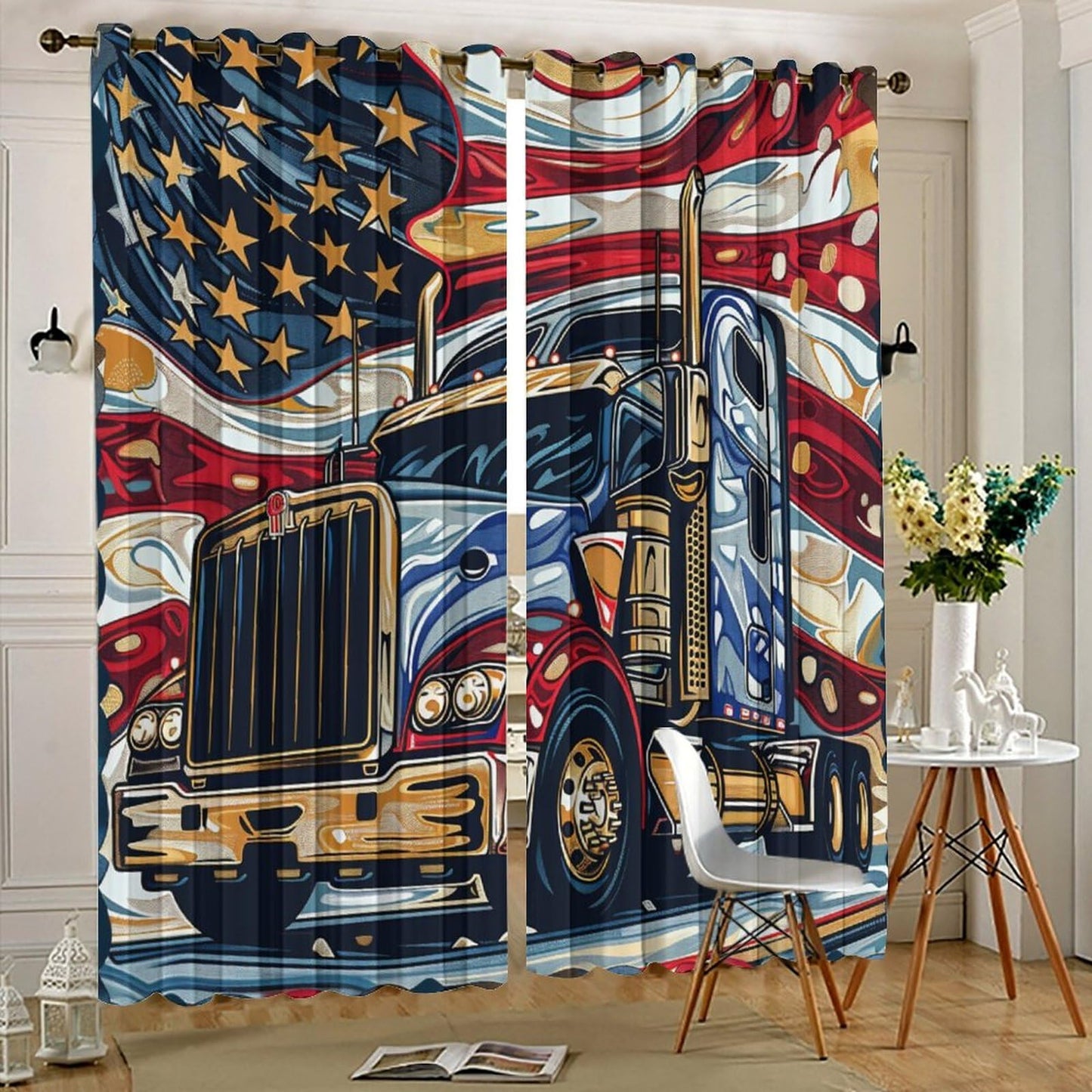 TOWINSFB American Flag Semi Truck Blackout Curtains for Bedroom/Living Room, Classic Vehicle USA Patriotic Grommet Curtains Thermal Insulated Window Drapes, 2 Panels, Each 21W x 63L