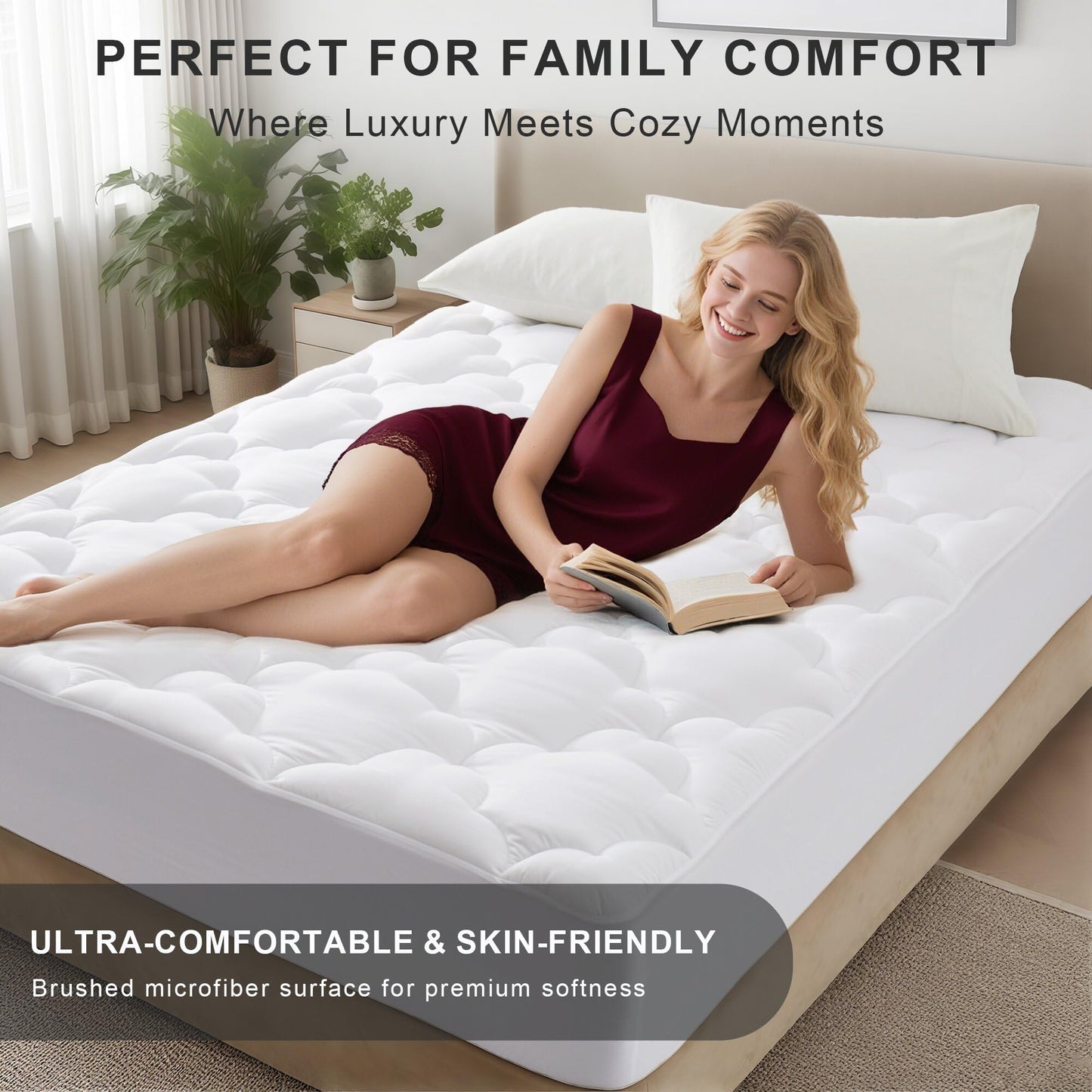 WQSPRING Supportive Quilted Mattress Pad Pillow Top Mattress Cover Protector Cooling Soft for Breathable Padded Fitted 8"-21" Deep Pocket (White,Full Size)