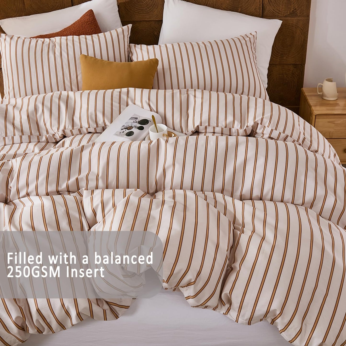 Merryword 100% Cotton Comforter Set King Size - Beige and Terracotta Striped Comforter with 2 Pillowcases, Luxury & Silky Soft Comforter Set for All Seasons