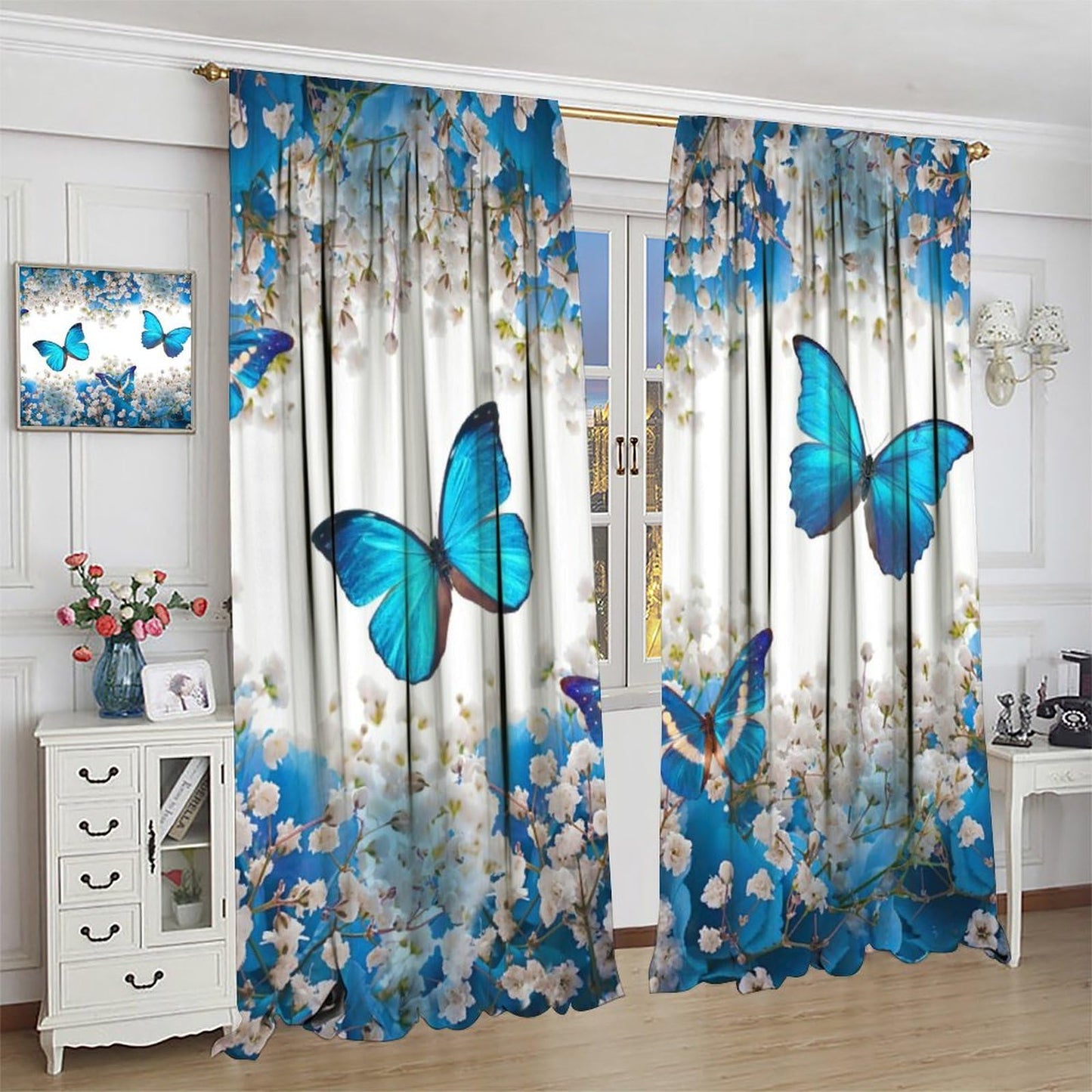 PHTAYOT Butterfly Curtains, Blue Floral Spring Rustic Farmhouse Butterfly Print for Kids Girl Boy Room Window Decor, Rod Pocket Drapes for Living Room Bedroom Kitchen 2 Panel Set 20.5" W X 45" L