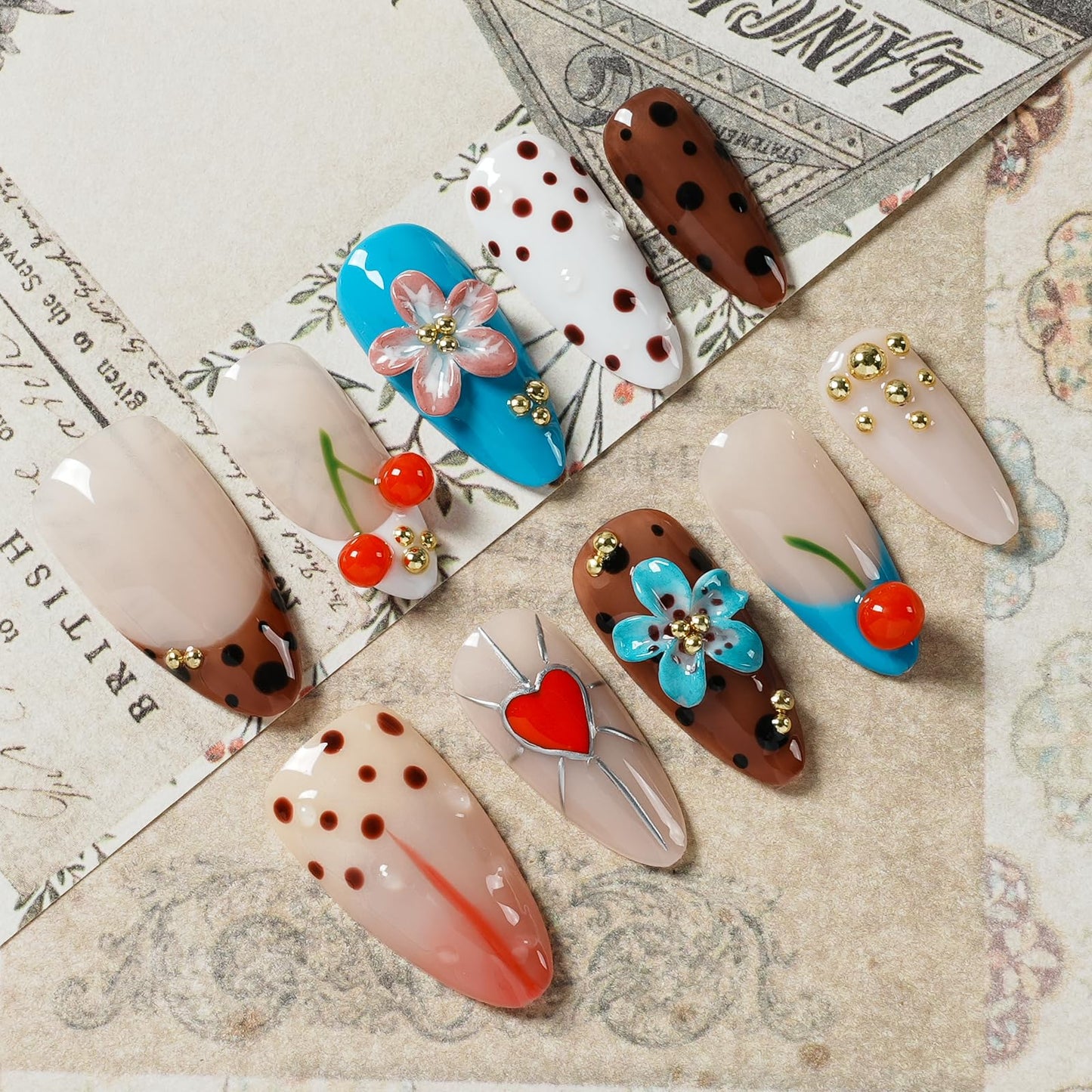 Tesytto Handmade Press On Nails Almond Shape, 3D Cherry & Flower Fake Nails with Gold Beads, Polka Dot & Heart Design Glossy Reusable Acrylic False Nails for Women Girls (Sweet Fun Flower Cherry, M)