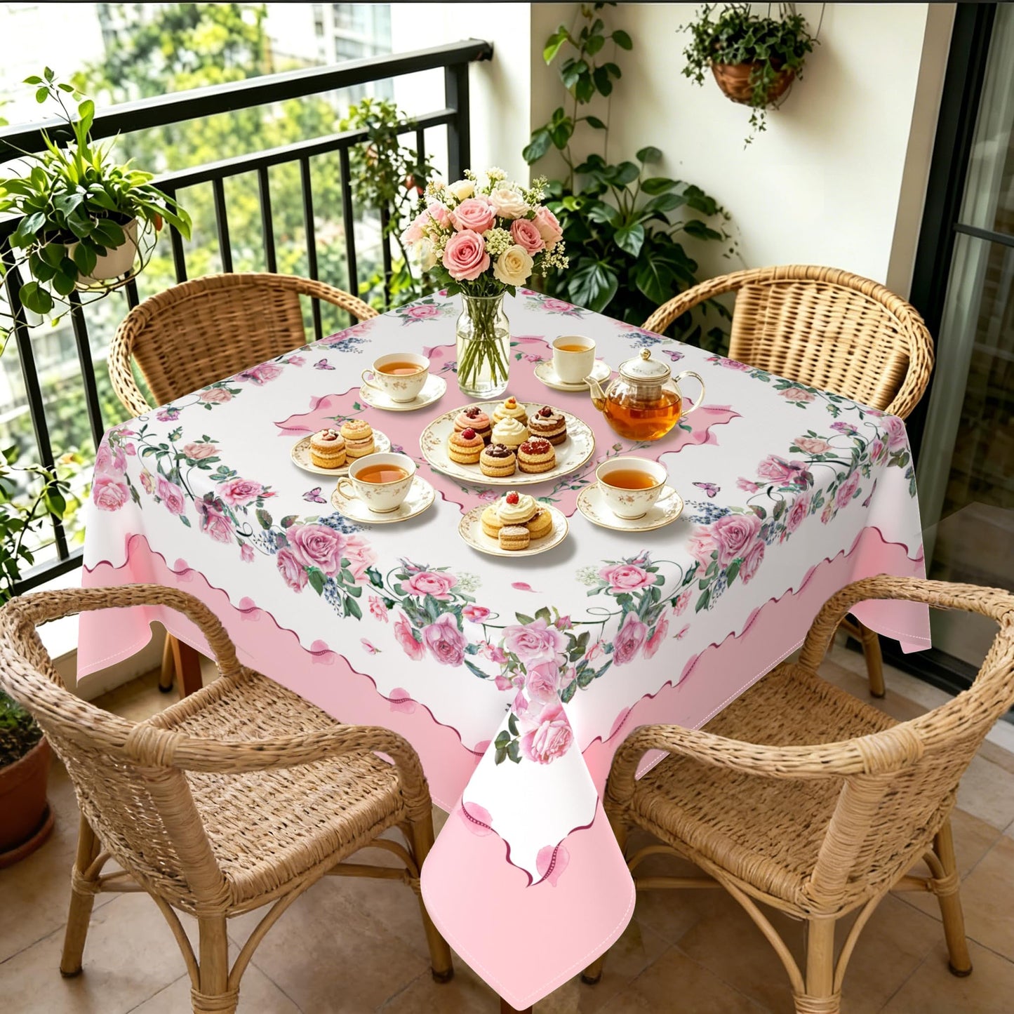 Yighty Pink Square Tablecloth 70x70 Inch, Rose Flower Printed Tablecloth, Spring Summer Waterproof Floral Tablecloth, Suitable for Indoor and Outdoor, Holiday Kitchen Restaurant and Party