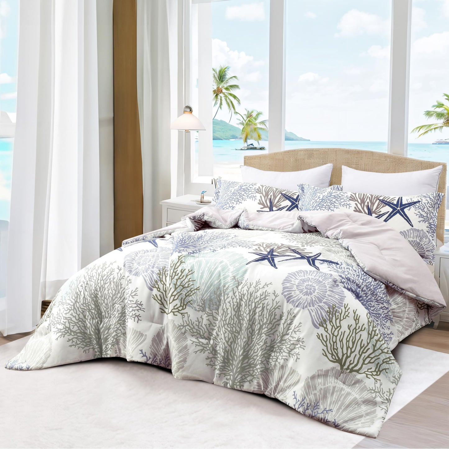 Tritard Coastal Comforter Set King Size 3 Piece, Soft Beach Themed Comforter, Ocean Nautical Lightweight Bedding Sets for All Seasons, (1 Reversible Comforter and 2 Pillow Shams), 104''x90'', C2