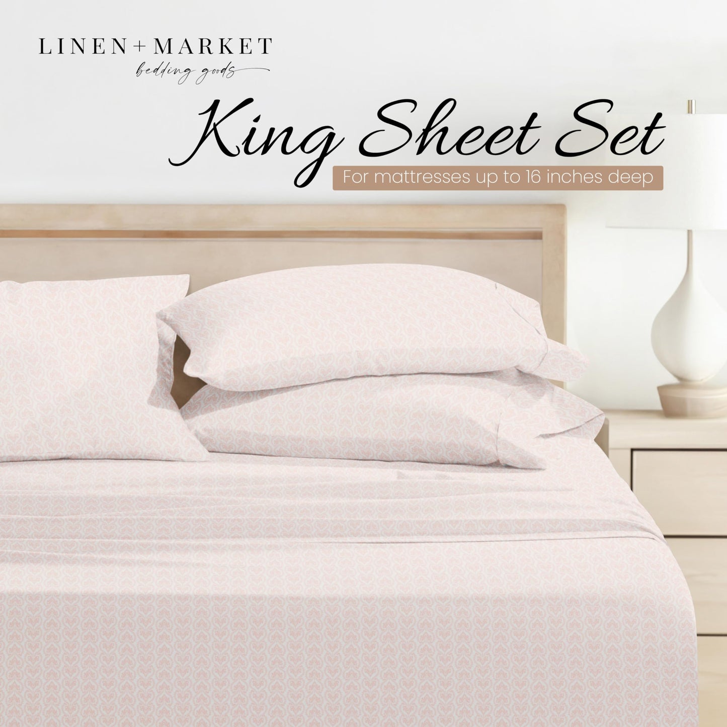 Linen Market Patterned Microfiber King Sheet Set 4 Piece – Oeko-TEX Certified Ultra Soft & Wrinkle-Free - 16" Deep Pocket Sheets - Easy Care King Size - Classic in Pink