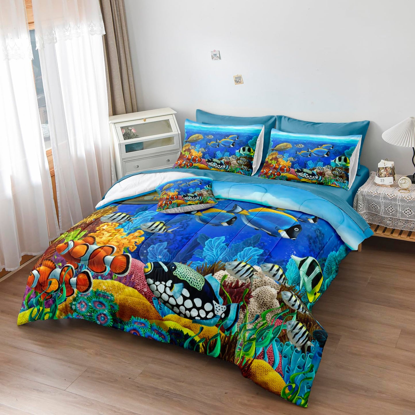 Bedding_Dreamer Ocean Queen Comforter 8 Pcs Sea Animal Tropical Fish Home Decor Sheet Set Blue Bed in a Bag with 1 Cushion Cover