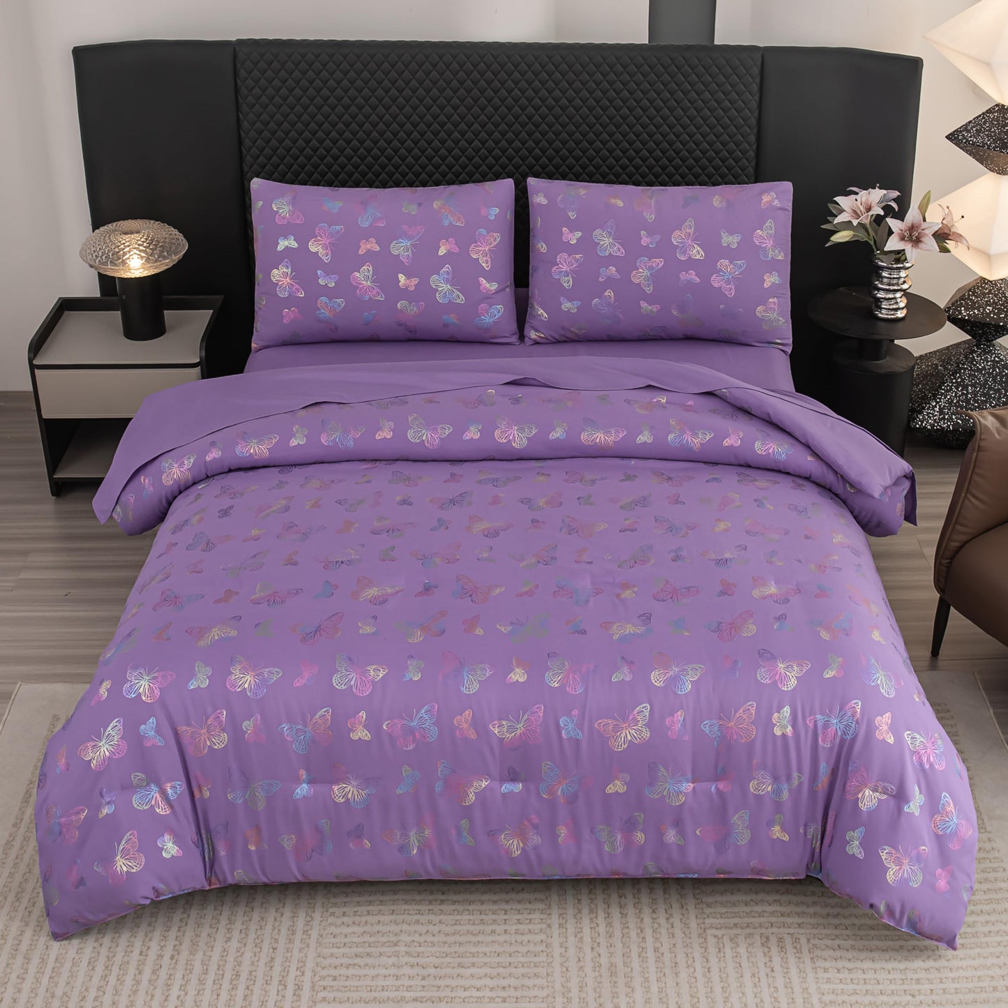 Yadangxiawa Butterfly Comforter Set Twin,Purple Bedding Twin,Purple Comforter Set,Girls Bedroom Comforter Sets(Purples,5PCS)