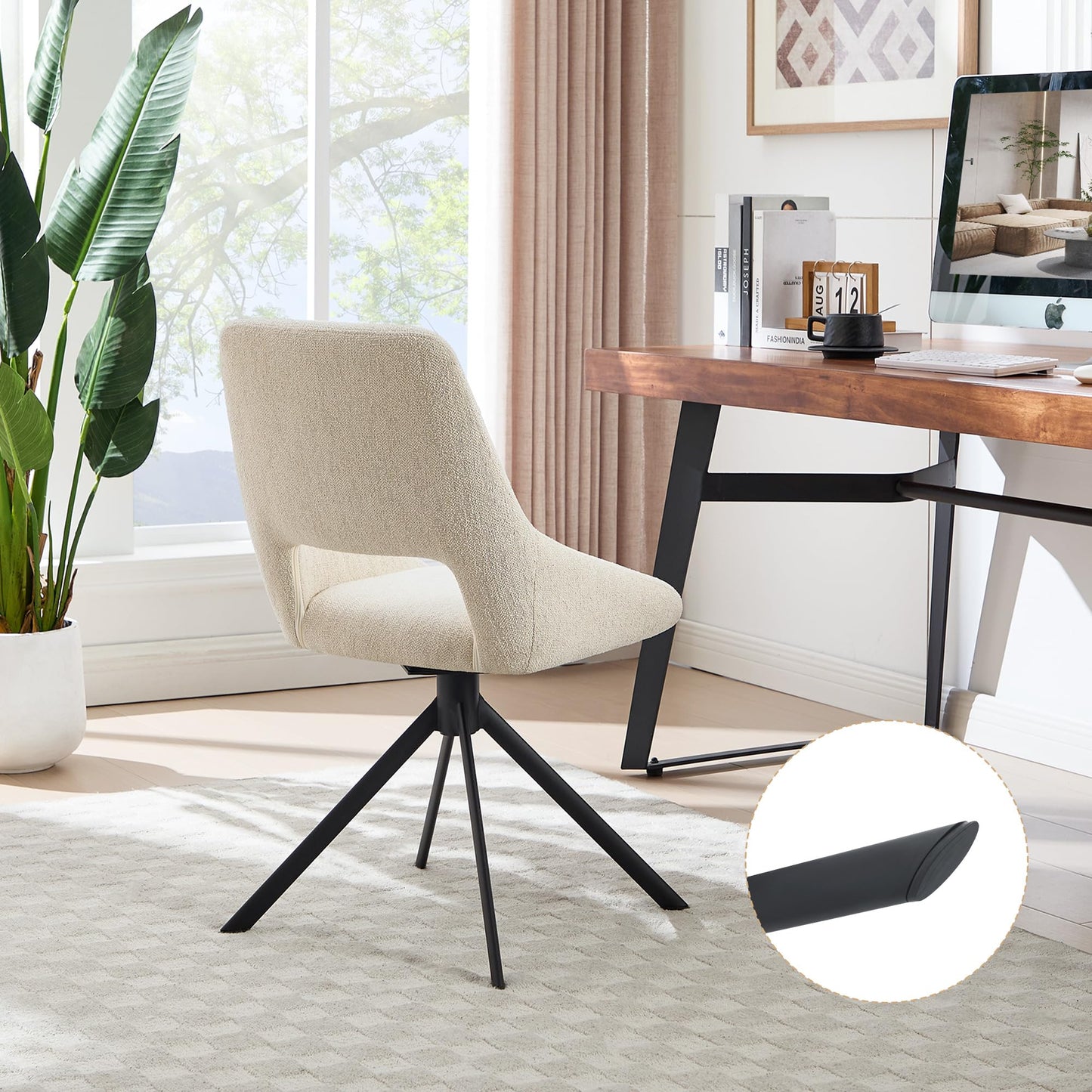 Zesthouse Swivel Desk Chair No Wheels, Modern Linen Fabric Vanity Chair with Hollow Back, Armless Upholstered Home Office Chair for Girls Women, Ergonomic Computer Chair for Home Office, Beige