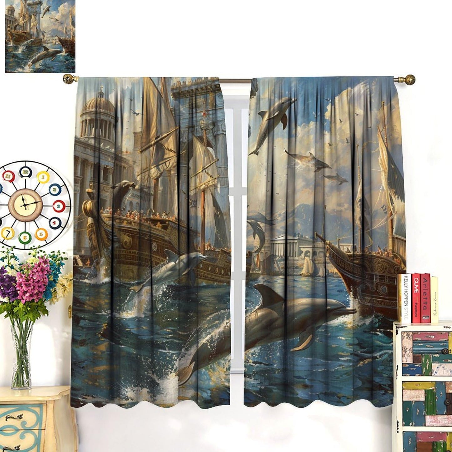 TOWINSFB Medieval Building Dolphin Blackout Curtains for Bedroom Living Room, Nautical Sailboat Seagull Ocean Thermal Insulated Room Darkening Curtain - 42" W x 45" L