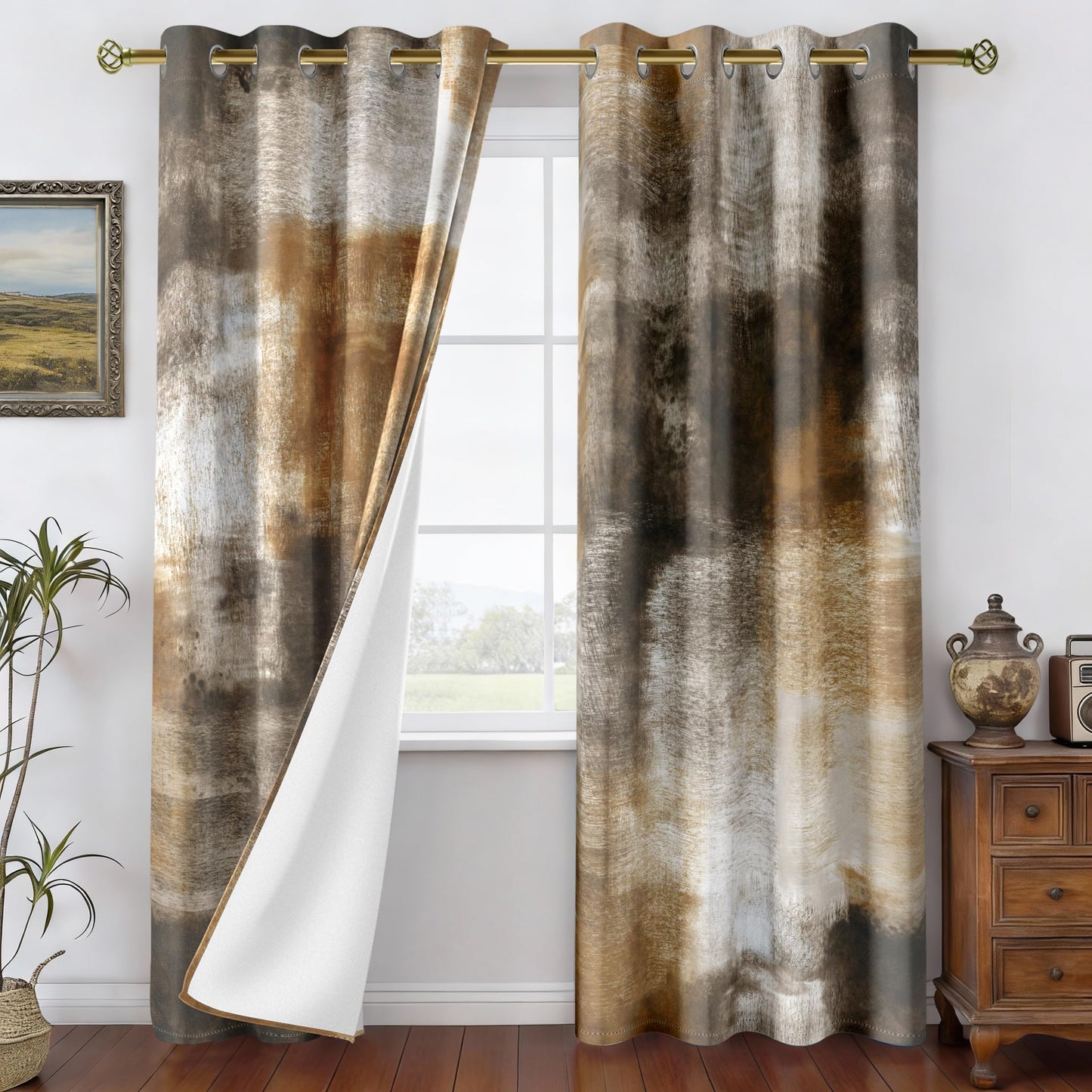 Asuexpect Abstract Curtains for Living Room 2 Panels Abstract Rust Curtain Room Darkening Grommet Window Drapes Modern Decorative Window Treatments for Bedroom, 52x84 Inches, Tan