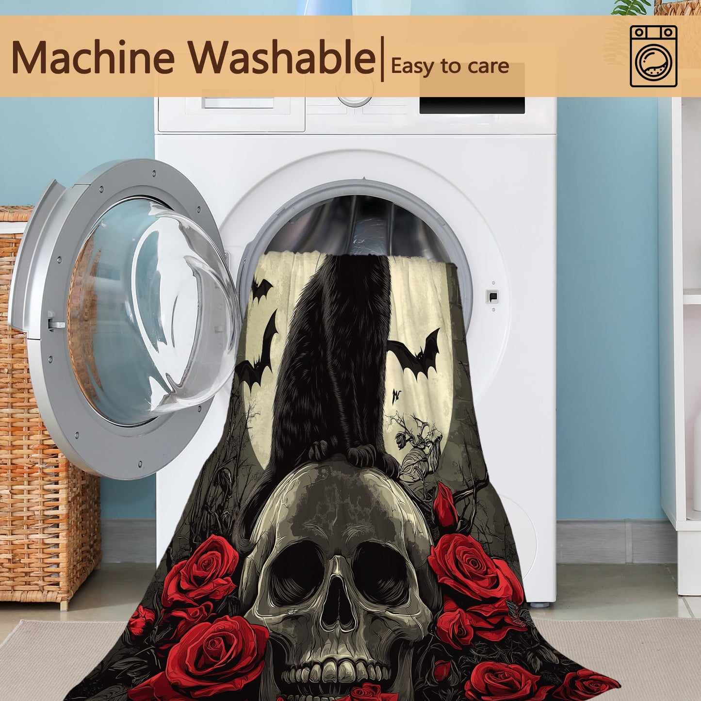 Black Cat Sofa Throw Blankets,Gothic Skull Bats Flower Soft Cozy Fuzzy Lightweight Travel Blanket,Flannel Fleece Fall Throw Blanket for Couch,Bed,Camping,Movie Nights,Watching TV 50 X 60 Inch