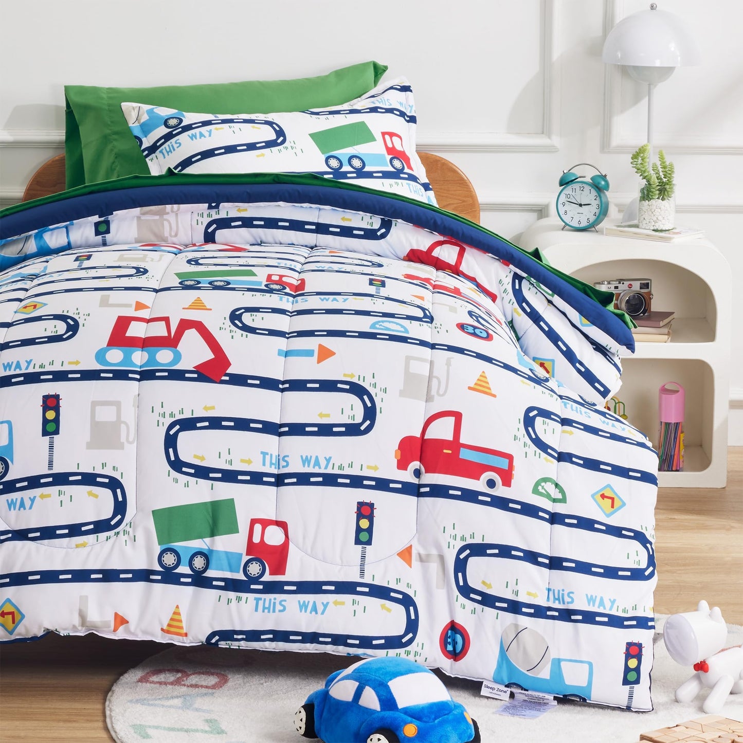 SLEEP ZONE Kids Bedding Comforter Set Twin Size Super Cute Soft Kids Bed in a Bag 5 Pieces with Comforter, Sheet, Pillowcase and Sham, Road Trip
