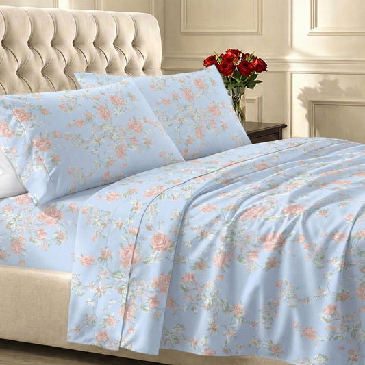 California Design Den Soft Cotton Bed Sheets Queen Size Set, 400 TC Good Housekeeping Award Winner, Smooth Sateen Finish with Deep Pockets, Cozy and Durable Queen Bedding Set - Floral Blue/Pink