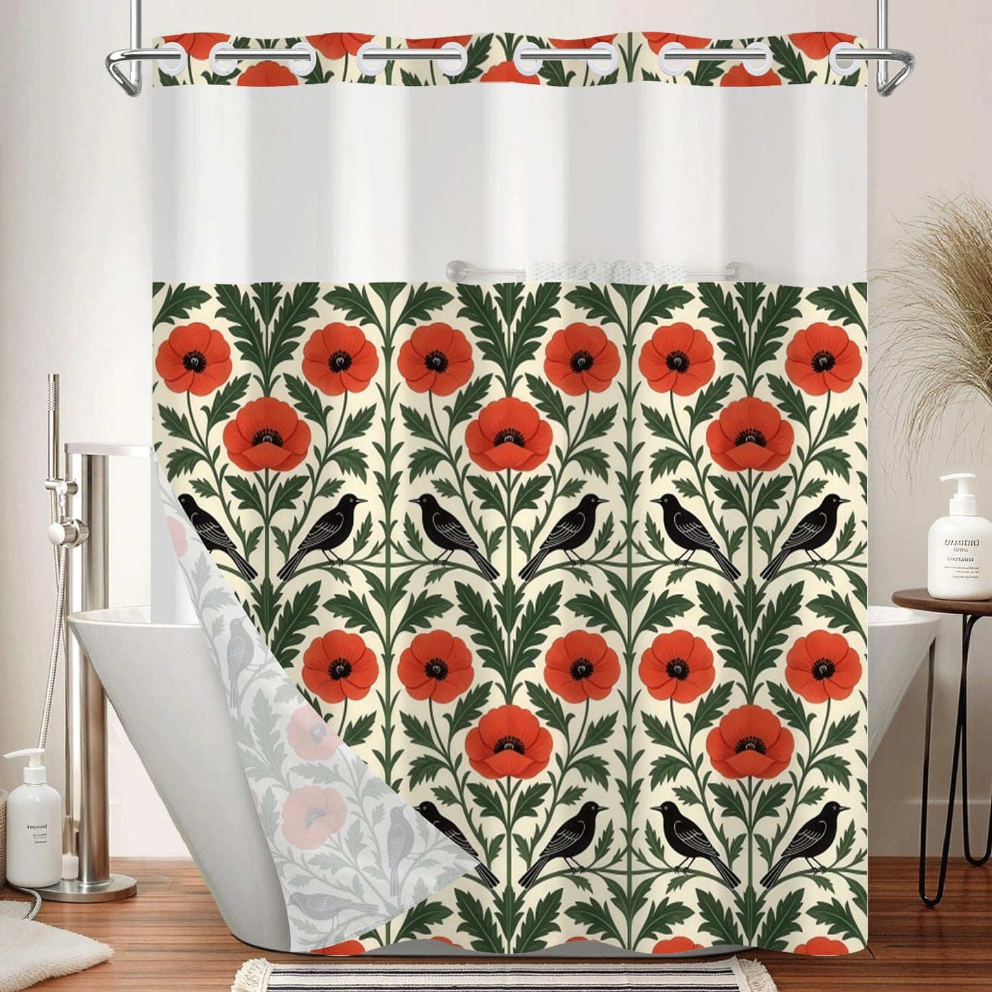 Xiazhilaio Gothic Floral & Bird Shower Curtain with Snap in Liner, 71Wx74L