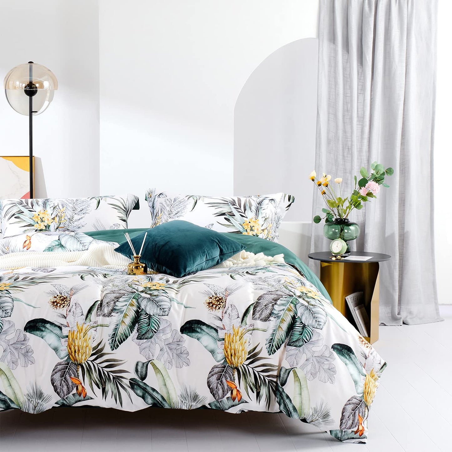 MILDLY 100% Long Staple Cotton King Duvet Cover 3 Pieces Set Summer Tropical Plantain and Floral Pattern Comforter Cover Set