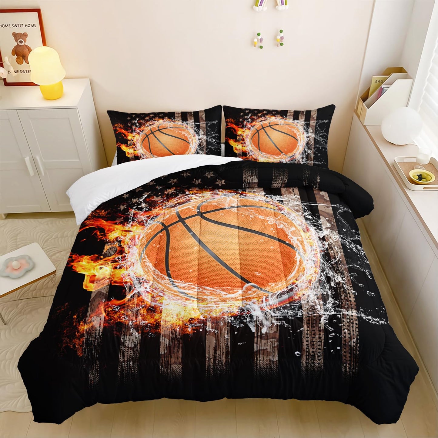 Nttopship Basketball Boys Comforter Set Twin Size，American Flag Bedding Set，100% Soft Ultra-fine Fiber Four Season Sport Basketball Comforter Set with 1 Comforter and 2 Pillow Case