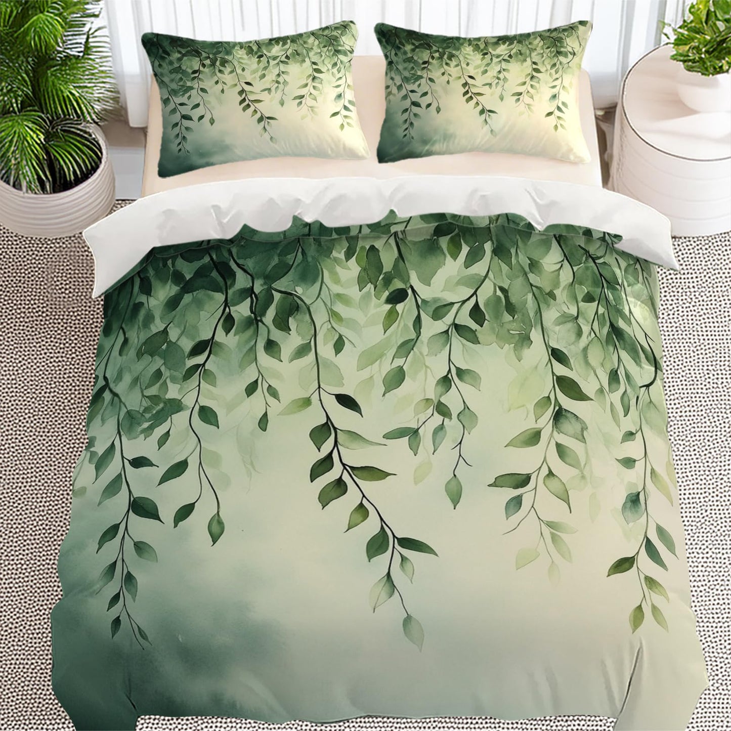 TEERRLLTW Floral Botanical Boho Flower Designed Duvet Cover Set, 3 Piece Soft Bedding Set (1 Duvet Cover and 2 Pillowcases), Floral Comforter Cover Set (Greenery Willow Leaves, Full (80" x 90"))