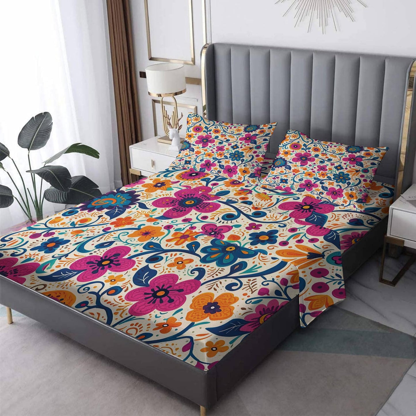 NOGAWA Colorful Floral Sheets Queen Size, Mexican Flower Botanical Bed Sheets, Bedding Sheets & Pillowcases 4 Piece Set - Soft Microfiber Deep Pocket Fitted Sheet & Flat Sheet & 2 Pillow Cases