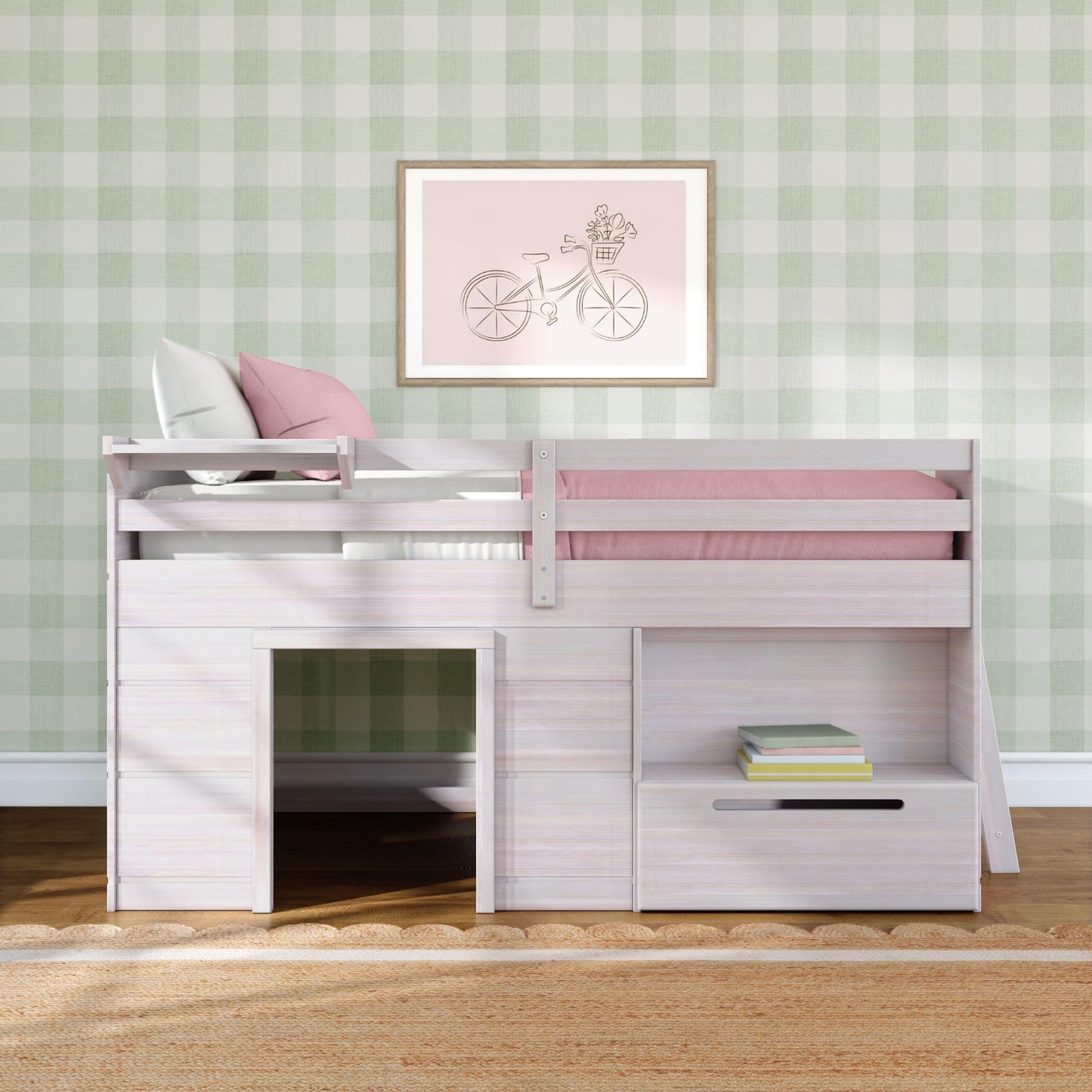 Max & Lily Modern Farmhouse Low Loft (Twin), with Storage Drawer, White Wash