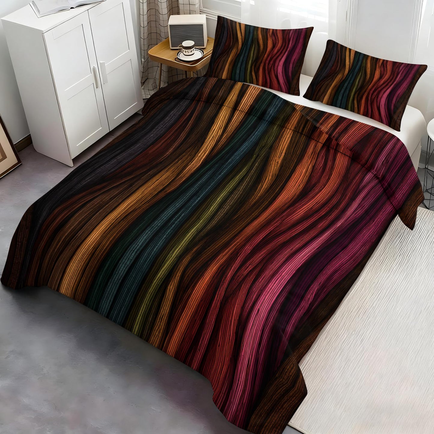 ZAOMIR Modern Abstract Wavy Stripe Dark Duvet Cover Twin Size, Boho Colorful Stripe Bedding Set 3 Piece, Ethnic Geometric Patterned Comforter Cover with Zipper Soft Microfiber, 2 Pillowcases