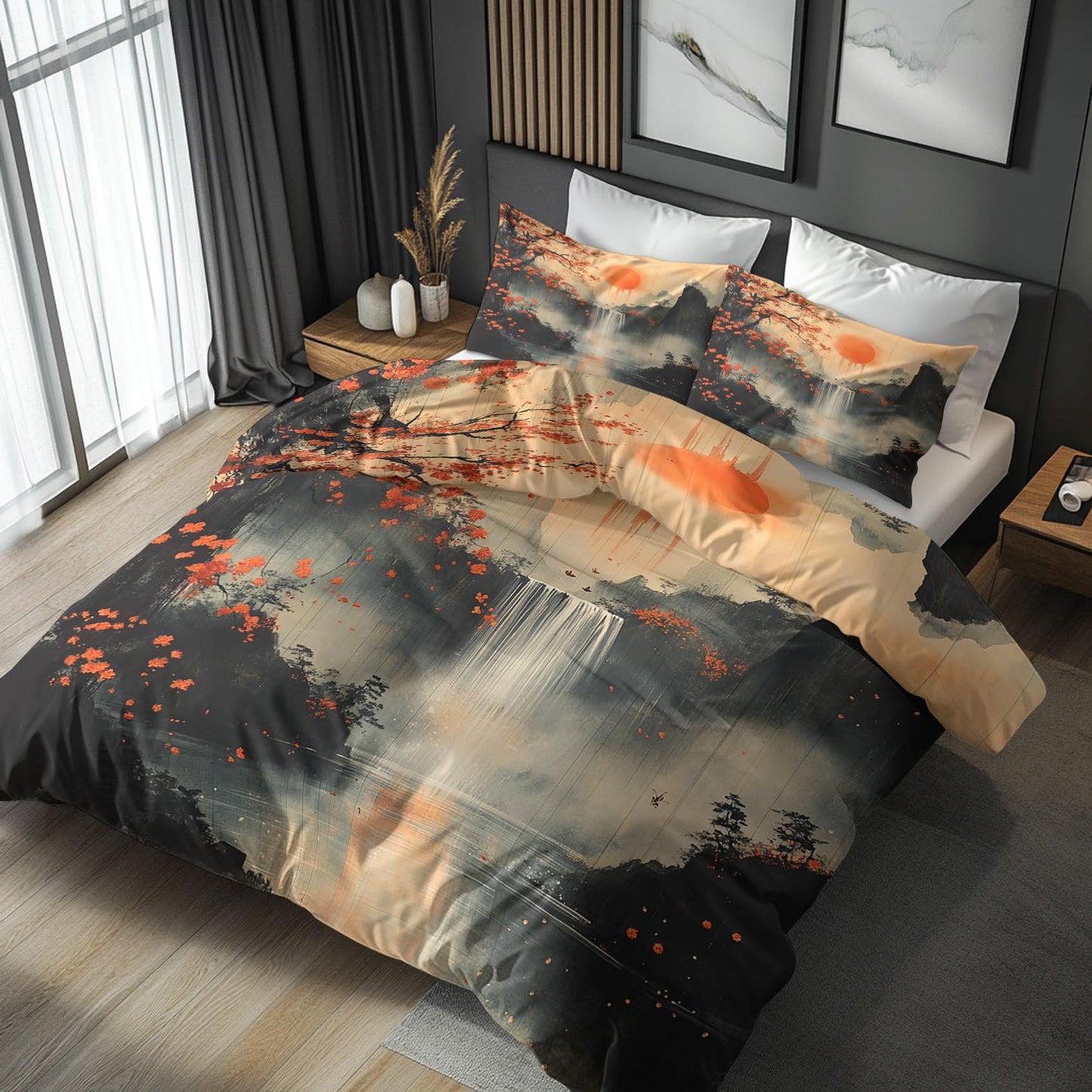 zcwl Waterfall Landscape Duvet Cover Oversized King Size | Mountain Bedding Set | 3 Piece | Soft Microfiber Patterned Comforter Cover with Zipper Ties & 2 Pillowcases | Oriental Asian Bedroom Decor