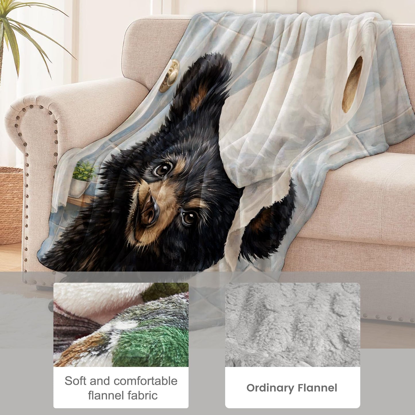cromcu Funny Bear Flannel Throw Blanket, 50x60in, Soft Warm Cozy Blankets with Adorable Bear and Toilet Paper, Humorous Gifts for Men Women Animal Lovers, Home Decor Dorm Office Travel Camping