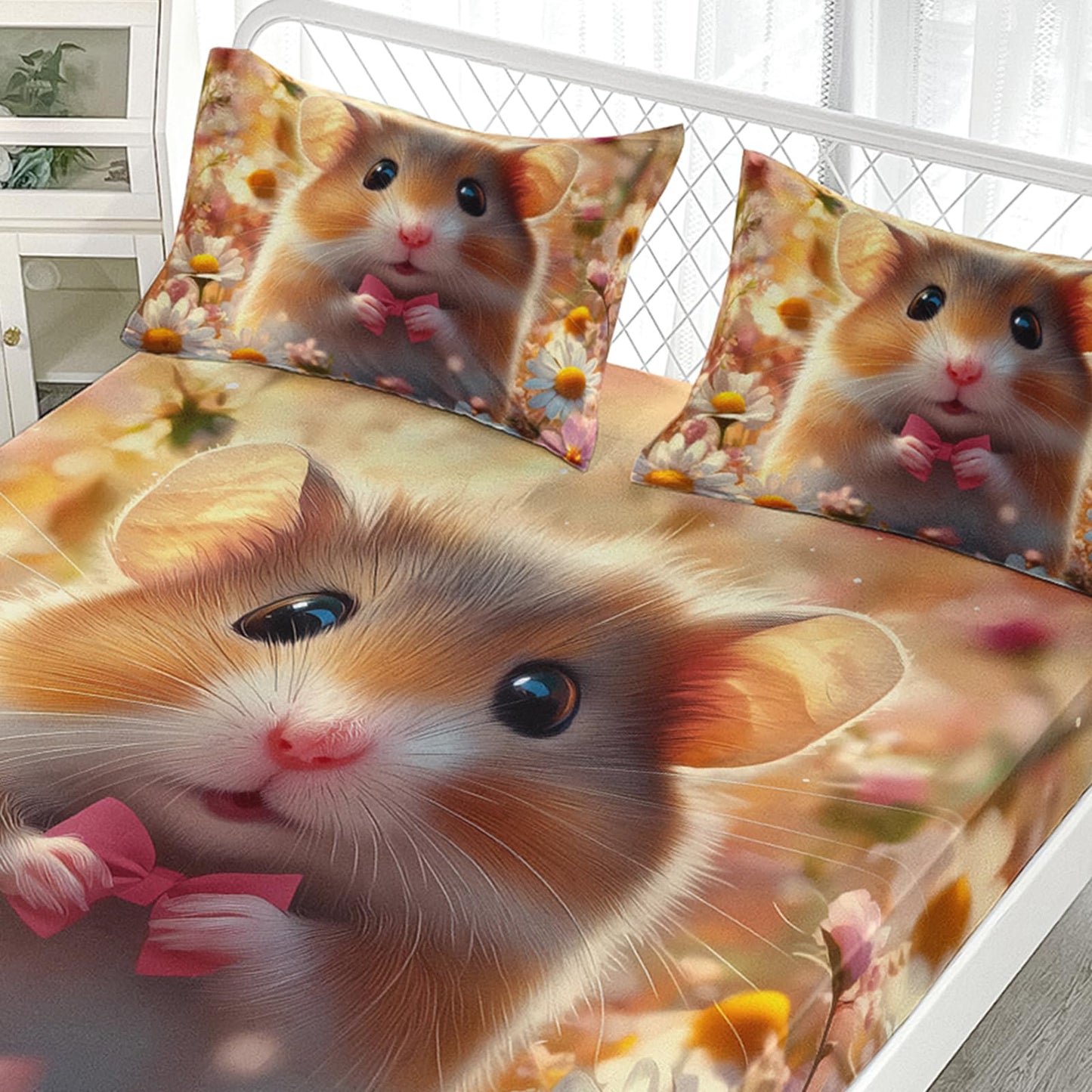 AILONEN Cute Hamster Fitted Sheet Set Twin Size, Flower Hamster Print Bedding Set for Kids Girls Teens,Pet Animal Theme Bed Sheet Set for Bedroom Decor,3 Pieces,1 Fitted Sheet and 2 Pillowcases