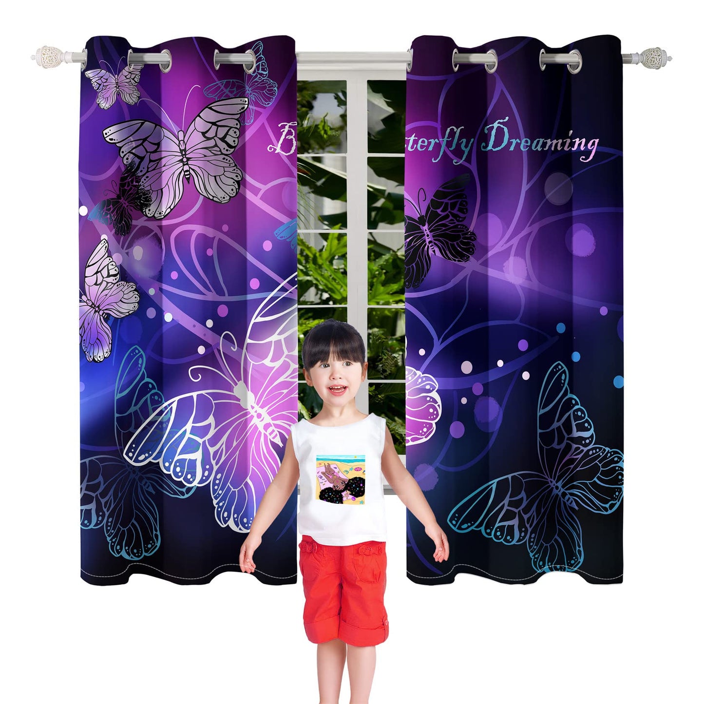 Butterfly Blackout Curtain for Girls Bedroom 2Pcs, Purple Window Curtain Panels Drapes Set Curtains 63 inch Length for Kids Bedroom Nursery Room Grommet Top Thermal Insulated Curtains, 82" x 63"
