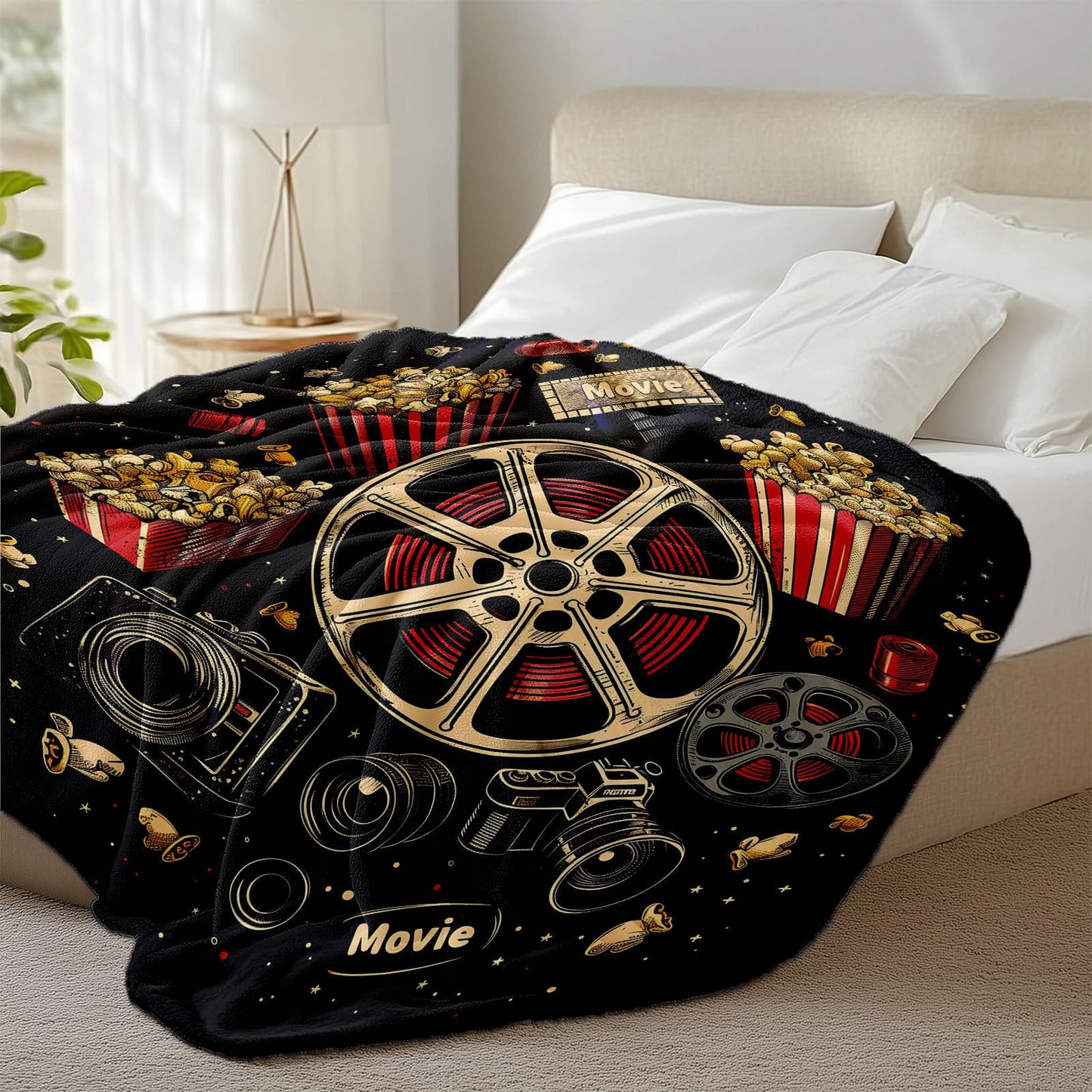keepitcozi Movie Ticket Popcorn Throw Blanket for Adult Kids, Movie Theater Cinema Gifts Blanket Home Room Decor, Flannel Soft Blanket for Bed Couch 50"x60"