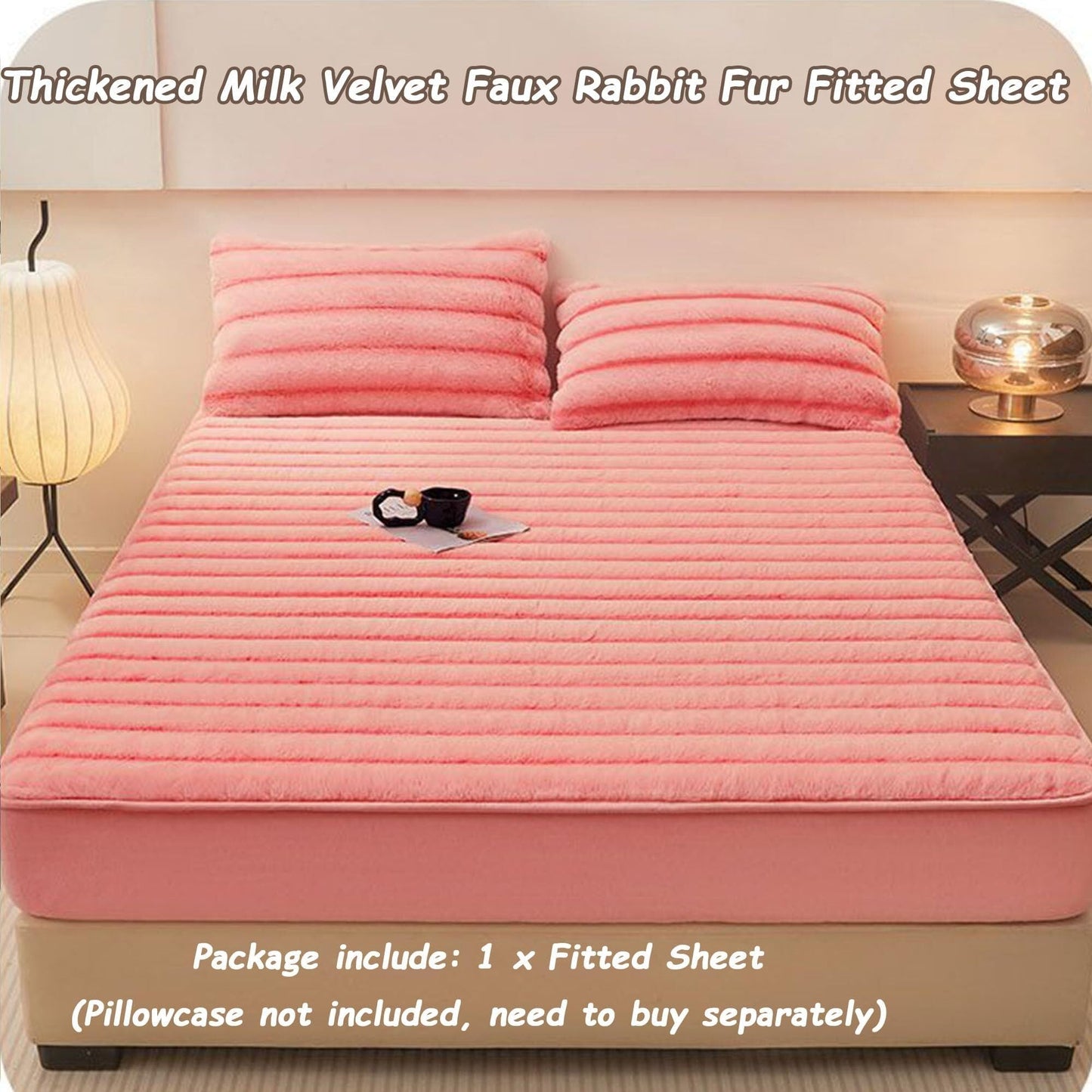 Plush Elastic Bed Sheets, Milk Velvet Fitted Sheets, Faux Rabbit Fur Bottom Sheet with 12" Deep Pocket, Winter Warm Thickened Mattress Cover(Pink,2 Pillowcases)