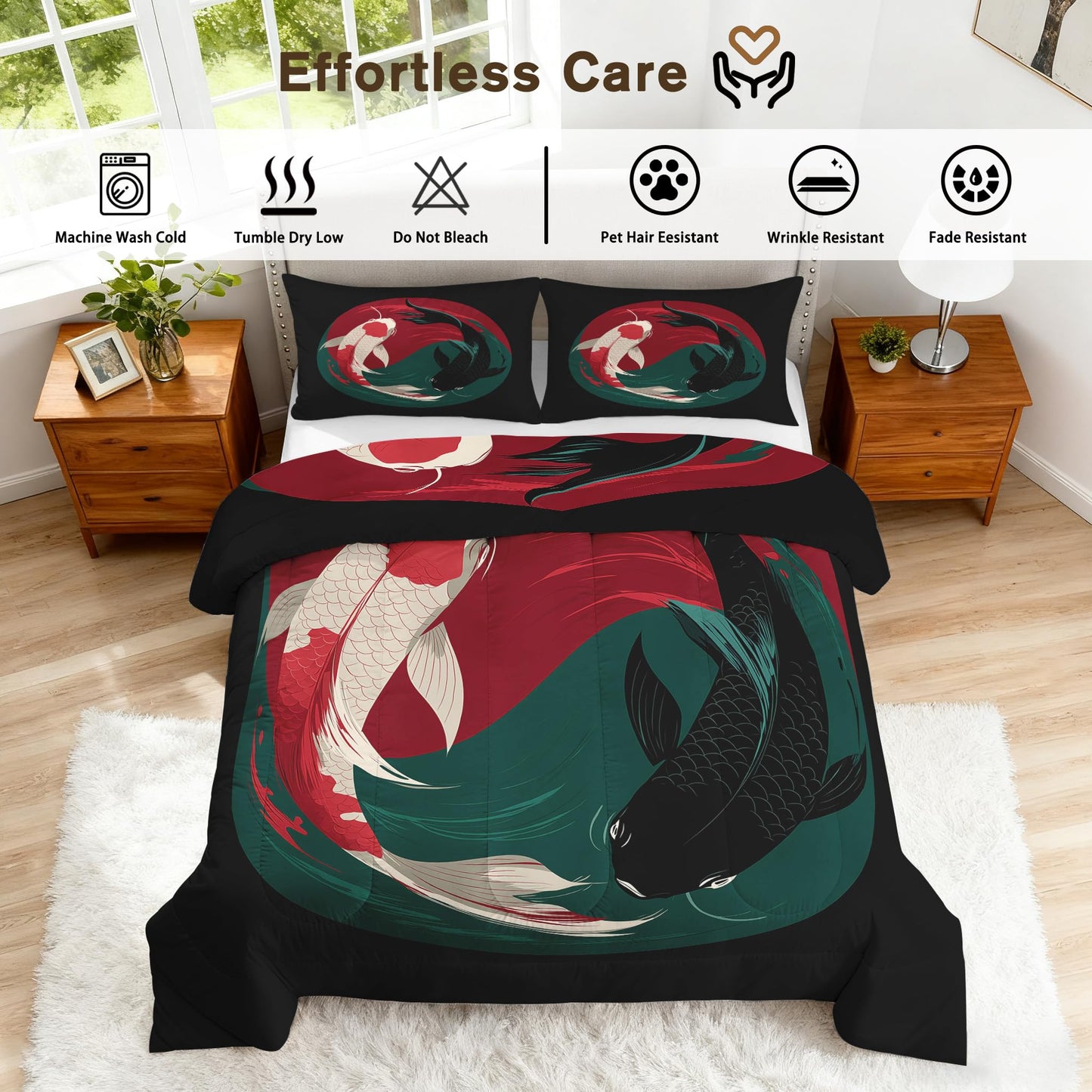 TANCAPRIUM Japanese Koi Fish Comforter Set Queen - Yin Yang Bedding Set & 2 Pilow Cases for All Season - Soft Reversible Down Alternative 3 Piece. Koi Fish Bedrom Decor
