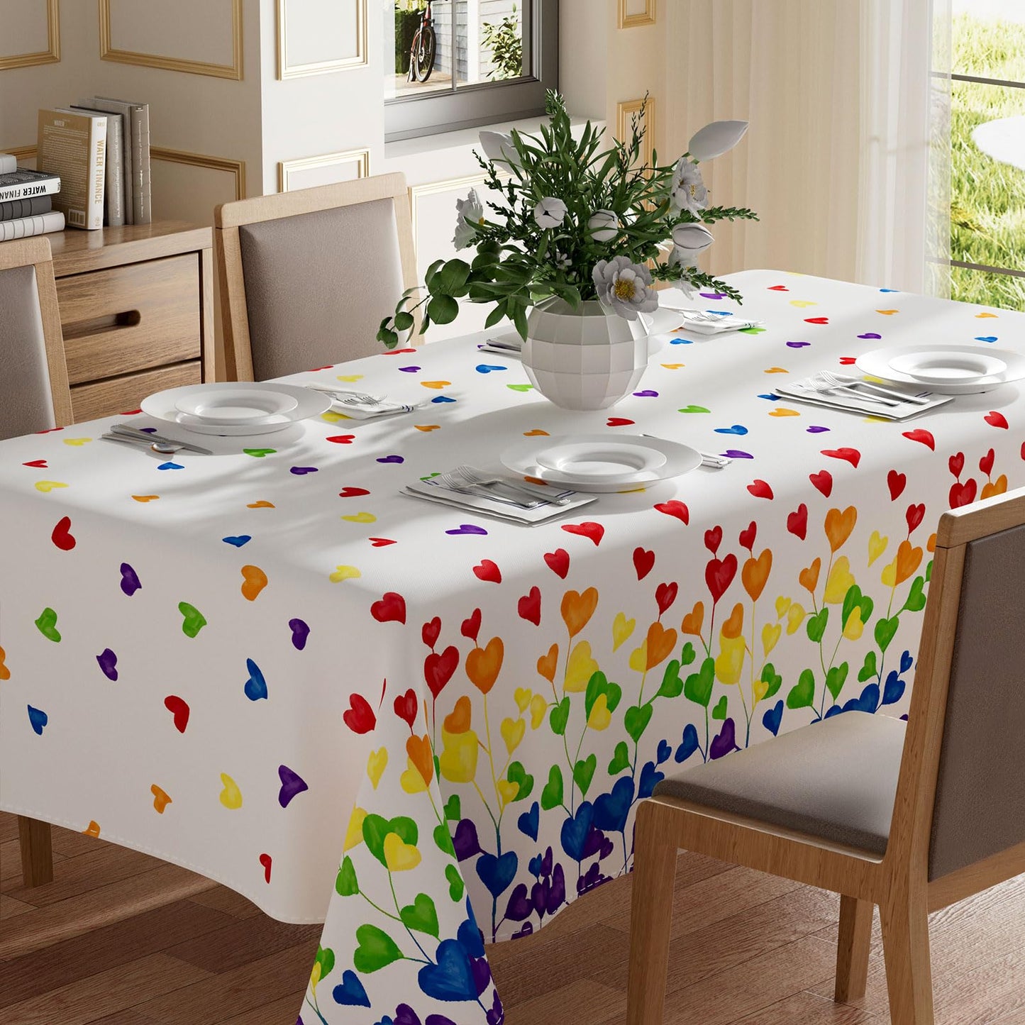 XCHI Rainbow Love Heart LGBTQ Tablecloth Rectangle Pride Day Inclusion Gay Transgender Queer Equality for Indoor Outdoor Dining Home Party Decorations 60x84 Inch