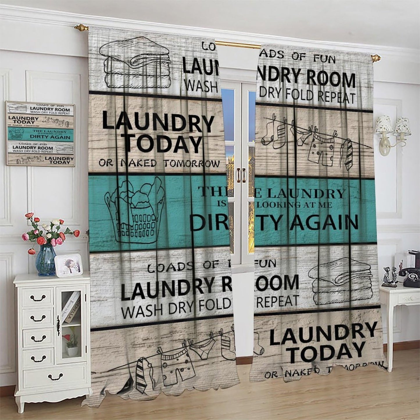 TYVGICZ Laundry Kitchen Curtain Rustic Wash Dry Words Wooden Teal Brown Funny Fun Small Short Window Treatment Tiers for Bedroom Living Room Bathroom Rod Pocket Drapes, 42x45 Inch